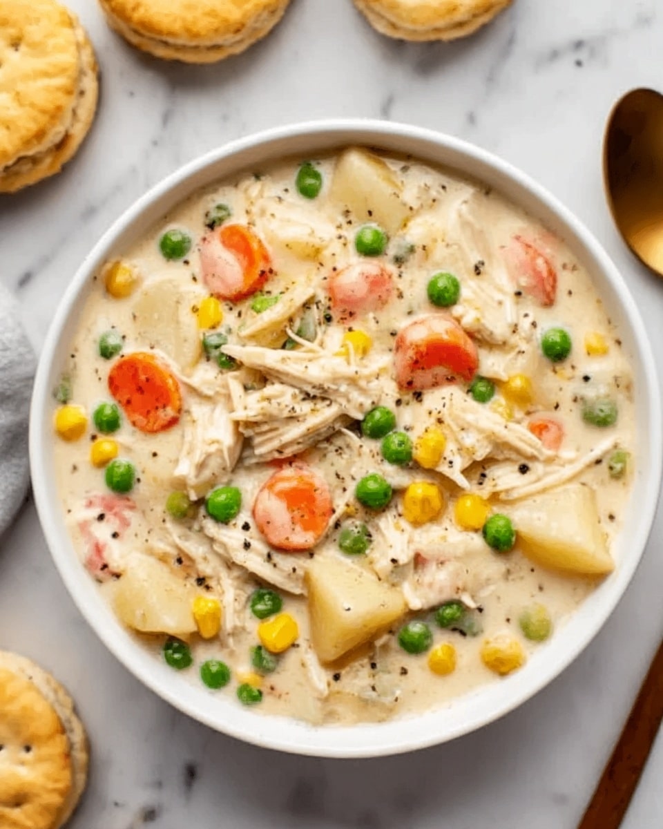 A white bowl filled with a creamy stew shows multiple layers and colors: the base is thick white cream, mixed throughout with tender, shredded pale beige chicken pieces, small bright green peas, orange carrot chunks, yellow corn kernels, and soft white potato cubes. The stew is sprinkled with black pepper on top, creating small dark specks. The bowl sits on a white marbled surface, with golden brown biscuits partly visible nearby. photo taken with an iphone --ar 4:5 --v 7