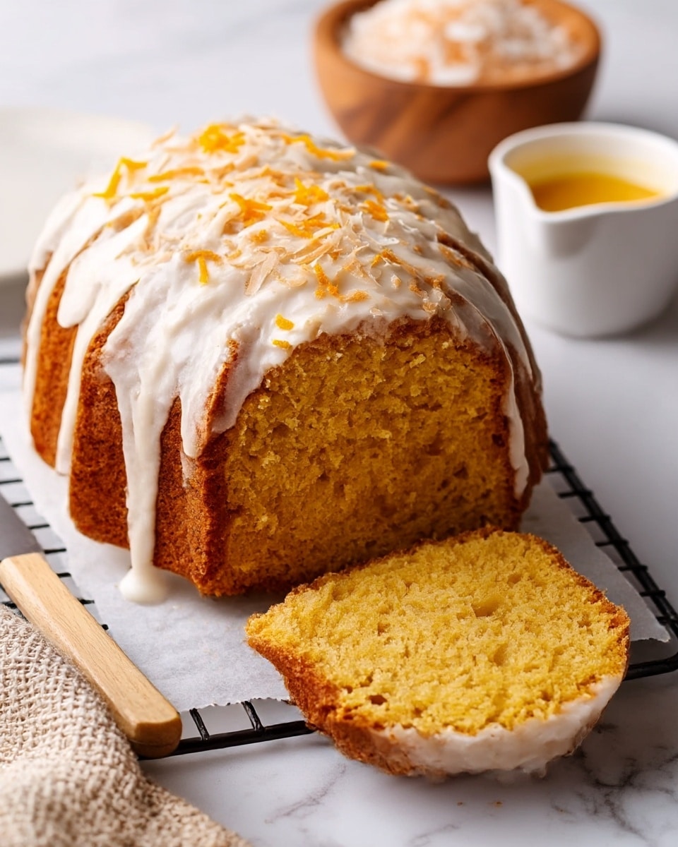 The image shows a round bundt cake with a thick layer of white frosting dripping down its sides, topped with small orange zest pieces and grated coconut. The cake's inside is yellow and moist, visible where three slices have been cut and placed in front of the main cake. The cake sits on a black wire rack lined with white parchment paper on a white marbled surface. To the right, there's a small white measuring cup filled with a yellow liquid, and behind it, a wooden bowl with shredded coconut. On the left, there is a white plate with one slice of cake and a knife with a light wooden handle placed beside the bundt cake. A beige textured cloth is also partially visible at the bottom left. Photo taken with an iphone --ar 4:5 --v 7