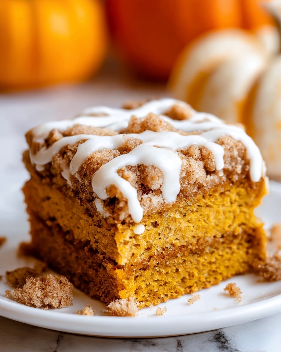 A close-up of a slice of layered pumpkin crumb cake on a white scalloped plate with crumbs scattered around. The bottom layer is a dense, moist pumpkin-colored cake with a soft texture. Above that is a thick crumb topping in light brown with a grainy, crunchy texture. The top has a drizzle of white icing that contrasts with the crumb layer, adding a smooth and creamy visual element. The background shows blurred orange shapes on a white marbled texture. photo taken with an iphone --ar 4:5 --v 7
