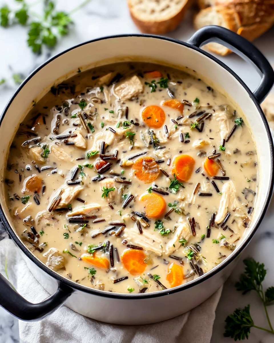 A thick soup is shown in a white pot with black handles, filled to the top with a creamy beige broth. Inside, there are visible chunks of shredded chicken, bright orange slices of carrot, and pieces of wild rice that are long and dark brown. Small bits of chopped green herbs are scattered over the surface, adding a fresh touch. The pot rests on a white cloth on a white marbled surface, with some blurred green leaves and bread pieces in the background. photo taken with an iphone --ar 4:5 --v 7