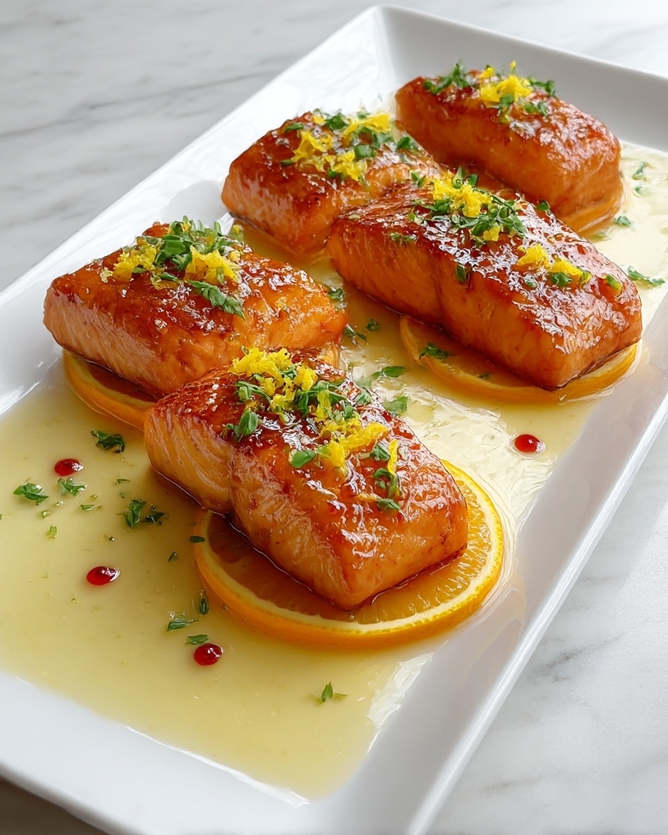 Four pieces of glazed salmon fillets are placed in a row on a long white plate, each piece showing a shiny caramelized golden-brown top layer with specks of seasoning. Underneath the glaze, the salmon is a rich orange-pink color with a soft texture. Thin, bright orange slices of orange rest under and beside the fillets, adding a fresh citrus touch. The fish is topped with small green herb leaves and sprinkled with fine, bright yellow lemon zest. A glossy sauce with olive oil runs around the salmon and small drops of a darker sauce add contrast on the plate, which rests on a white marbled surface. photo taken with an iphone --ar 4:5 --v 7