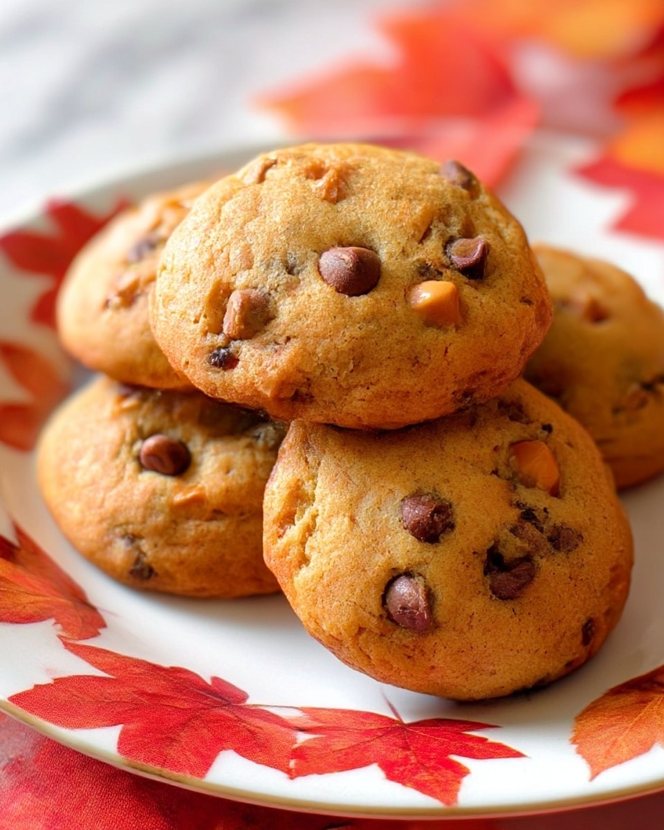 A close-up of four golden brown cookies with a slightly rough texture, showing chocolate chips and chunks of butterscotch or caramel evenly spread throughout each cookie. The cookies are stacked loosely on a white plate decorated with red autumn leaves, sitting on a white marbled surface. The cookies appear soft and thick, with the light giving a warm, inviting feel. Photo taken with an iphone --ar 4:5 --v 7