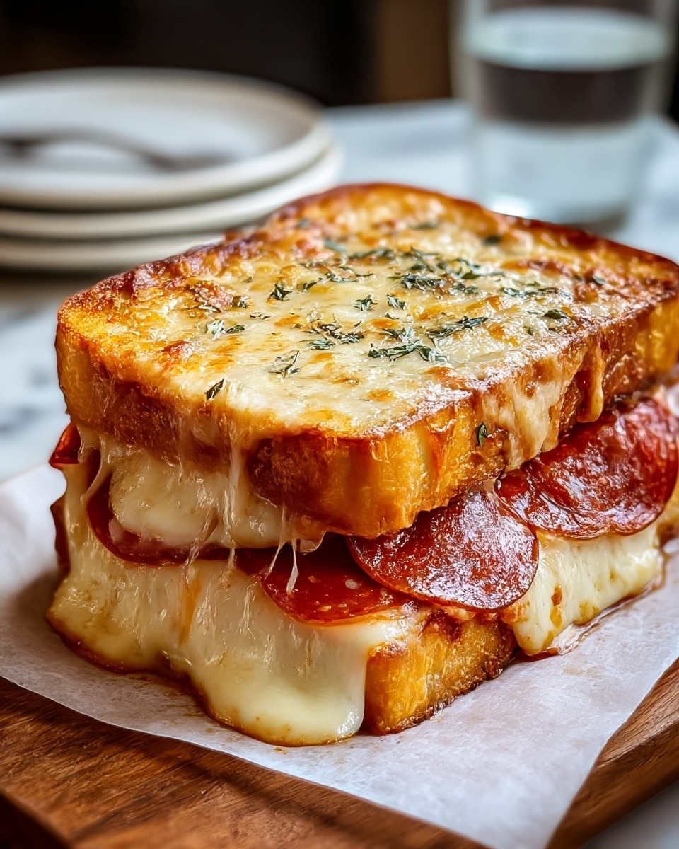 A thick sandwich with two layers of golden toasted bread that have crispy edges, topped with melted, bubbly cheese that is slightly browned with herbs sprinkled on top. Inside, there is a layer of sliced pepperoni sitting on melted, stretchy white cheese that oozes out from between the bread layers. The sandwich rests on white parchment paper placed on a brown wooden table, with blurred white plates and a glass of water in the background on a white marbled surface. photo taken with an iphone --ar 4:5 --v 7