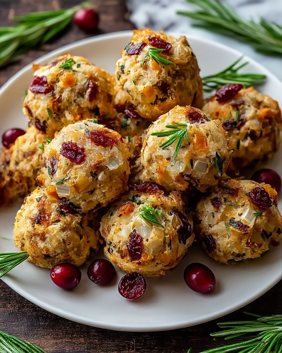 The image shows a white bowl filled with several round balls that have a rough, crumbly texture and are golden-brown in color with bits of green herbs and diced orange carrots. Each ball has bright red dried cranberries on the surface and small sprigs of fresh green rosemary are placed among them for garnish. The background is a white marbled texture, with a sprig of rosemary lying on the surface near the bowl. The overall look is rustic and colorful, highlighting the contrast between the golden-brown balls and the vibrant green and red accents. photo taken with an iphone --ar 4:5 --v 7