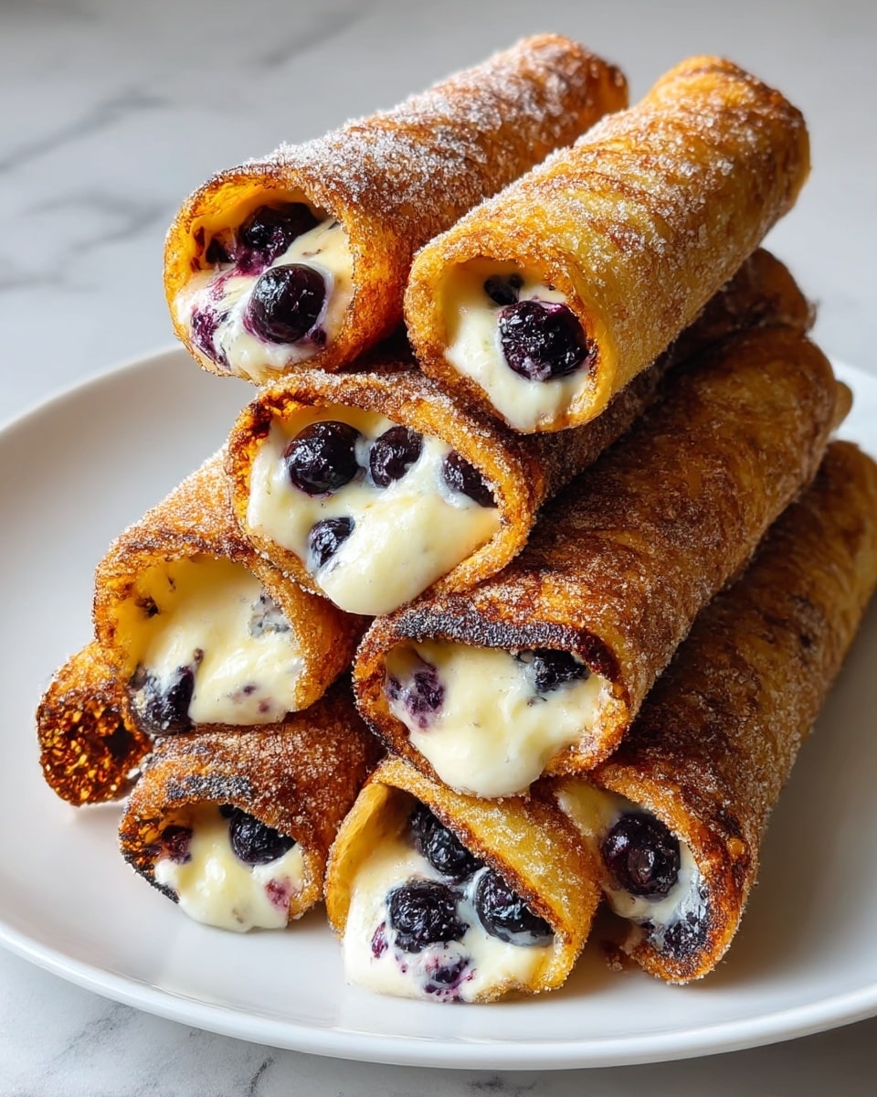 There are five rolled crepes stacked on a white plate on a white marbled surface. Each crepe has one visible outer layer that is golden brown with a crispy texture and sprinkled with granulated sugar. Inside, there is a creamy white filling with whole dark blue blueberries embedded within. The crepes are arranged close together, showing the open ends with the cream and berries spilling out slightly. Photo taken with an iphone --ar 4:5 --v 7