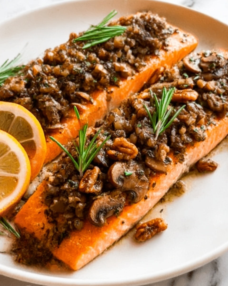 Three cooked salmon fillets lay side by side on a white plate, each topped with a thick layer of cooked mushrooms mixed with herbs. The salmon is orange-pink with a slight crispy texture on the edges, and the mushrooms on top are brown with small green herb pieces scattered throughout. A white marbled surface is partly visible underneath the plate. Photo taken with an iphone --ar 4:5 --v 7