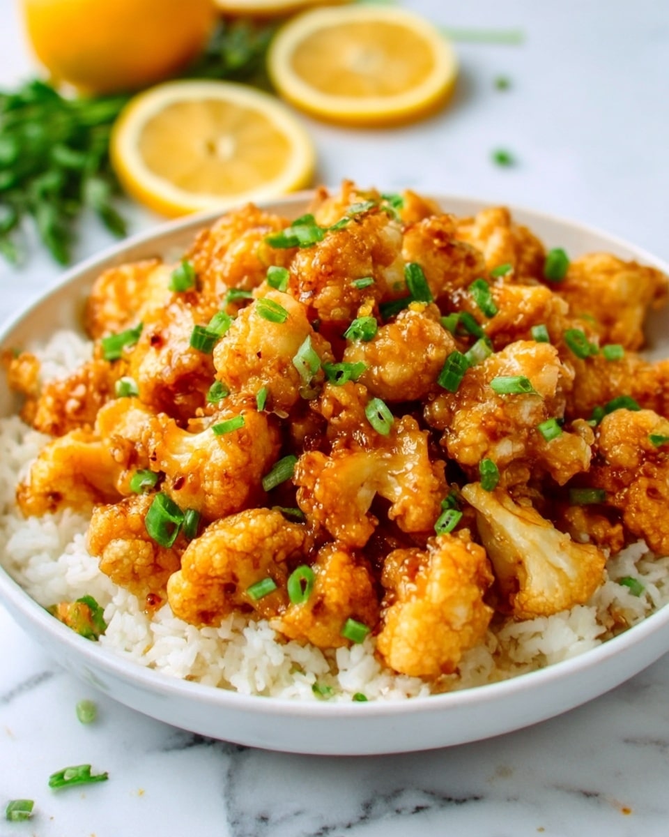 The image shows a white bowl filled with three layers of food. The bottom layer is plain white rice with a soft texture, covering the entire base of the bowl. On top of the rice is a generous pile of golden brown fried cauliflower pieces, which look crunchy and slightly textured. Scattered across the fried cauliflower are small bits of chopped green onions, adding a fresh green color contrast. The bowl is set on a white marbled surface with slices of lemon and some green herbs visible in the blurry background. Photo taken with an iphone --ar 4:5 --v 7