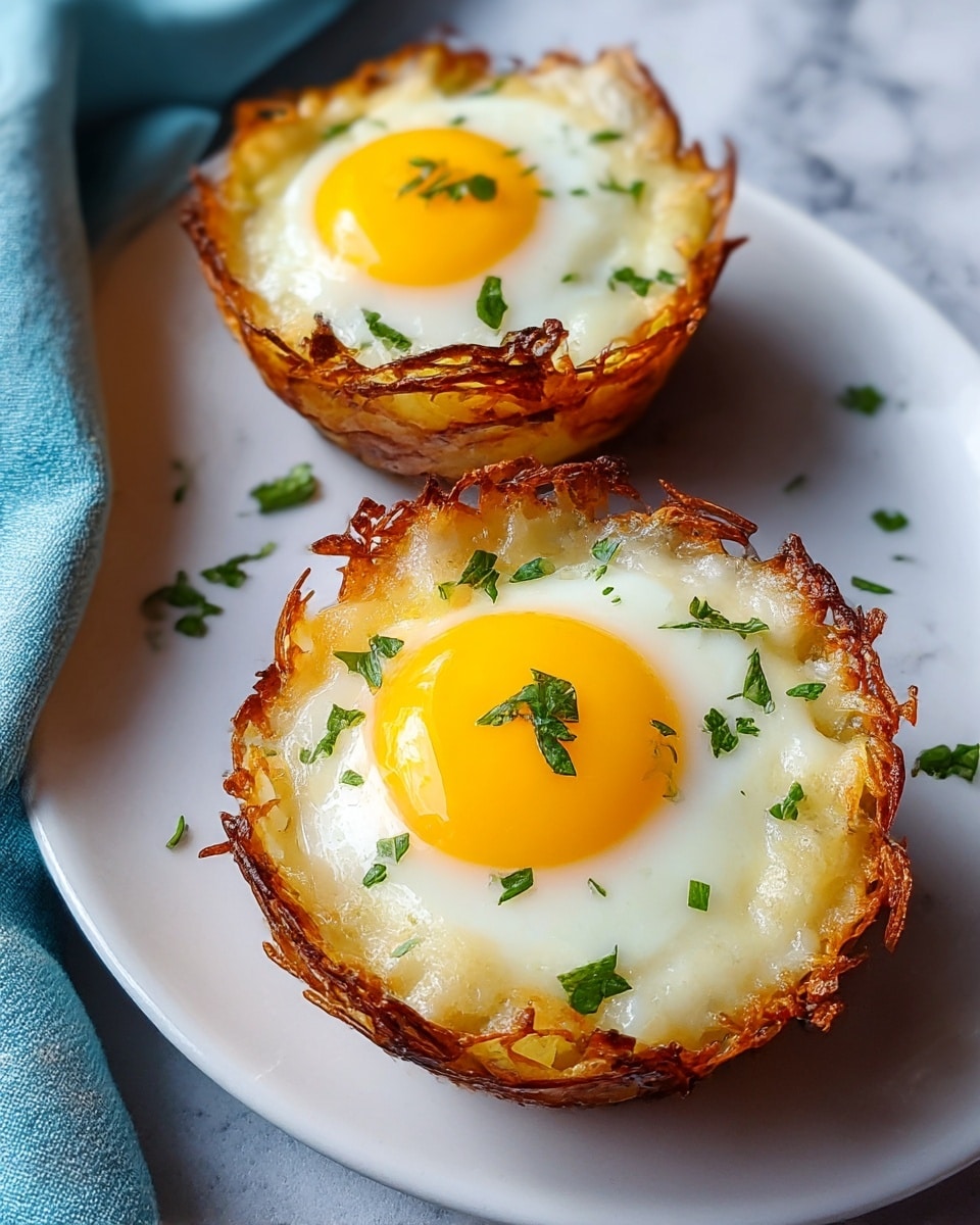 Two crispy golden brown nests made of thin shredded potatoes form the base and sides, creating a cup shape with a rough, crunchy texture. Inside each nest is a layer of melted white cheese that looks creamy and soft, topped by a bright yellow cooked egg yolk sitting atop a glossy white cooked egg white. Small green herb pieces are sprinkled on top of the eggs and around the nests, adding a fresh color contrast. The nests are placed side by side on a long white plate against a soft white marbled background. Photo taken with an iphone --ar 4:5 --v 7