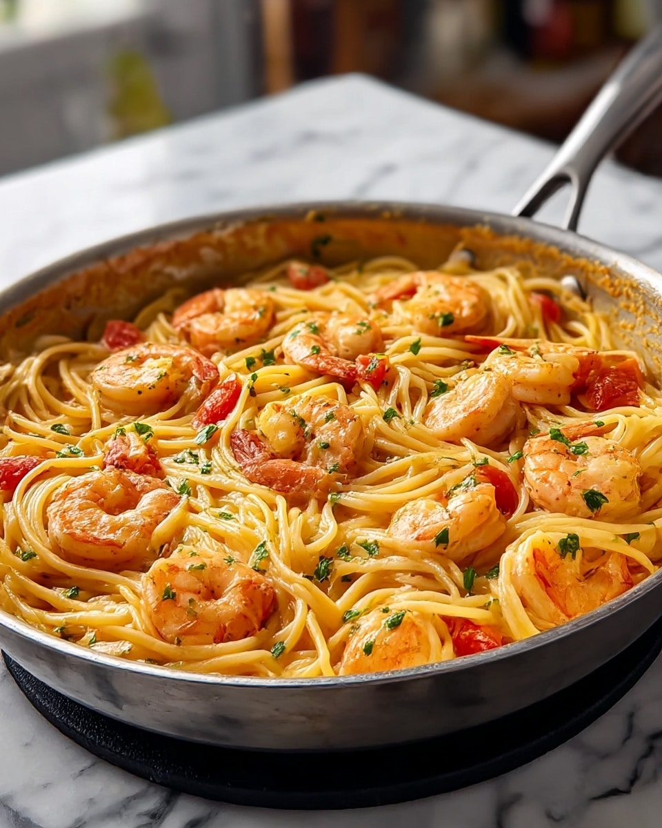 The image shows a frying pan filled with creamy shrimp pasta. The bottom layer is yellowish-orange pasta with a smooth texture, coated in sauce and mixed with small chunks of red tomatoes. On top of the pasta, there are several cooked shrimp scattered evenly, displaying a light orange and pinkish color with curled shapes. Some small green herbs are sprinkled over the dish for garnish. The pan is placed on a black stand on a white marbled surface, with soft natural light coming from a window in the background. Photo taken with an iphone --ar 4:5 --v 7