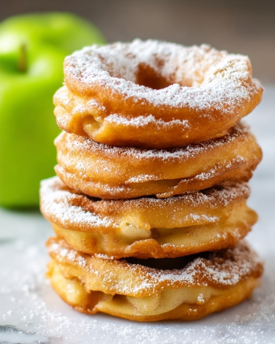 The image shows a close-up of four thick, golden-brown apple fritters stacked on top of each other on a white marbled surface. Each fritter has a slightly uneven, crispy texture with small lumps and bits of apple visible inside. The top fritter is covered with a light dusting of white powdered sugar that also surrounds the base on the surface. In the background, there is a blurred green apple which adds a fresh, vibrant color contrast to the warm tones of the fritters. Photo taken with an iphone --ar 4:5 --v 7