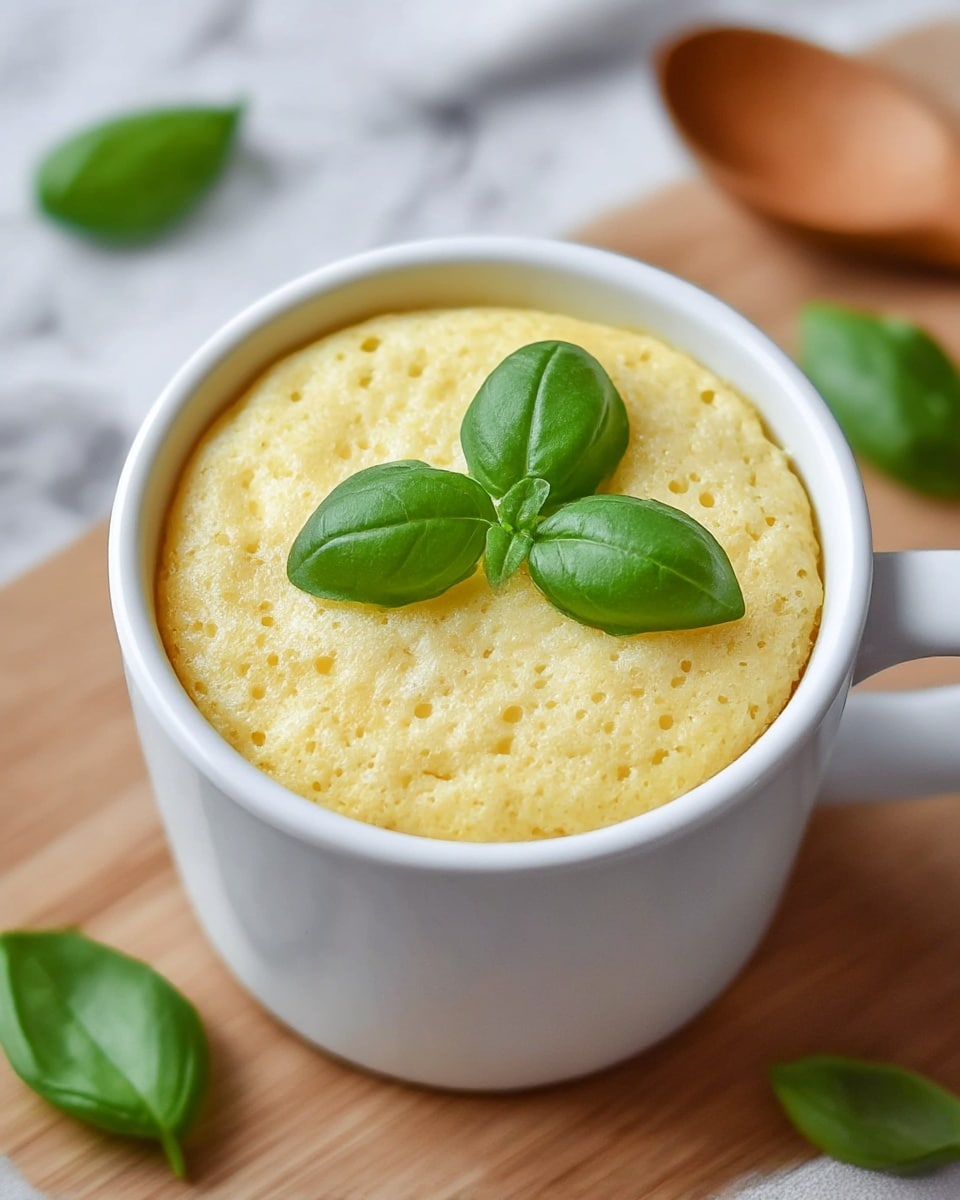 A white cup filled with a light yellow, fluffy baked mug cake, showing a soft and moist texture on top. The cake has a smooth, slightly bubbly surface, and three fresh, bright green basil leaves rest neatly on its center as garnish. The cup sits on a wooden surface with a white marbled texture subtly visible in the background, and a wooden spoon is blurred out in the top right corner. A couple of green basil leaves are scattered casually near the cup. photo taken with an iphone --ar 4:5 --v 7