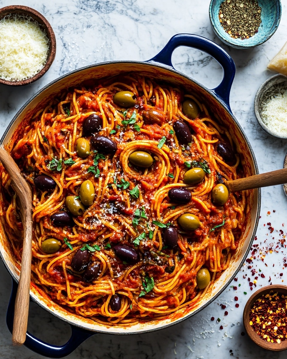 A round pan filled with spaghetti coated in a rich red tomato sauce, mixed with large green and black olives scattered throughout. Fresh green herb leaves are placed on top for decoration. The pan has dark blue handles and wooden forks rest inside it. The background shows a white marbled texture surface with small bowls containing grated white cheese and crushed red pepper flakes. Some loose cheese and pepper flakes are sprinkled nearby. Photo taken with an iphone --ar 4:5 --v 7