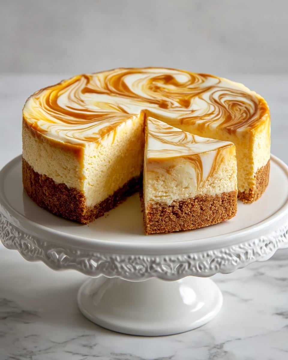 A round cheesecake with three distinct layers sits on a white cake stand with decorative edges, placed on a white marbled surface. The bottom layer is a thick, crumbly brown crust. Above it is a thick, creamy pale yellow cheesecake layer with a smooth texture. The top layer is a marbled swirl of white and caramel-colored cream, creating a visually striking pattern with flowing lines and curves. A slice is cut out, revealing the soft interior and the clean division between layers. photo taken with an iphone --ar 4:5 --v 7