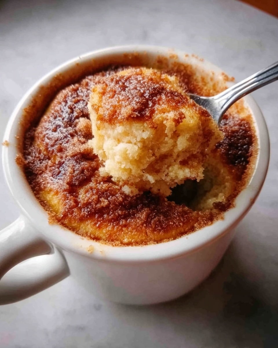 The image shows a white ceramic mug filled with a crumbly dessert that has a golden brown crust on top. The top layer is textured with small browned pieces and a spoon is digging into the dessert, lifting a soft, moist, light brown inner layer visible underneath the crumbly surface. The mug sits on a white marbled surface. Photo taken with an iphone --ar 4:5 --v 7