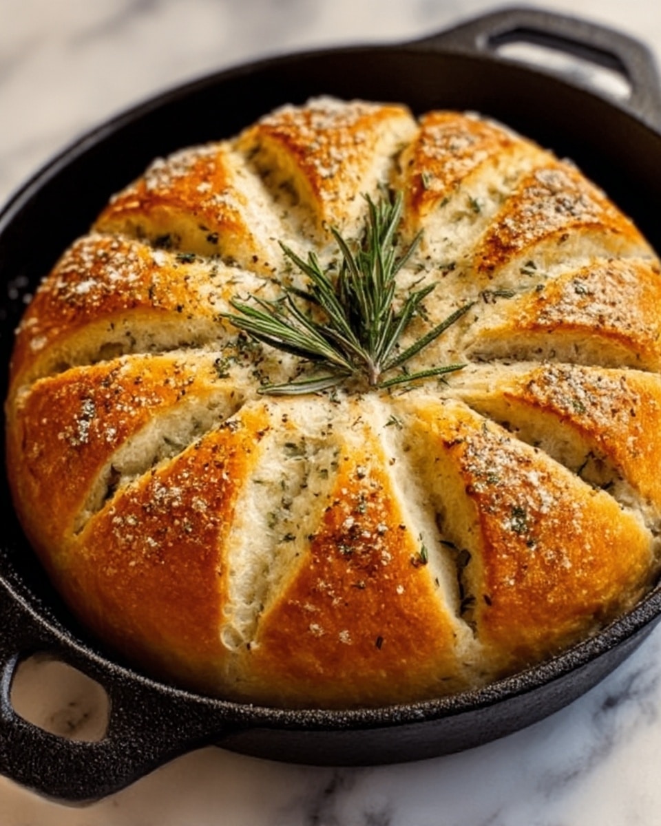 A round loaf of bread with a golden-brown crust sits in a black cast iron pot. The bread has a soft, fluffy texture with a few deep cuts across the top forming petal-like sections. The surface is sprinkled with coarse salt and small green rosemary sprigs placed on top, adding a fresh, natural touch. Light shines on the bread, showing a warm, inviting glow. The pot rests on a white marbled surface. Photo taken with an iphone --ar 4:5 --v 7