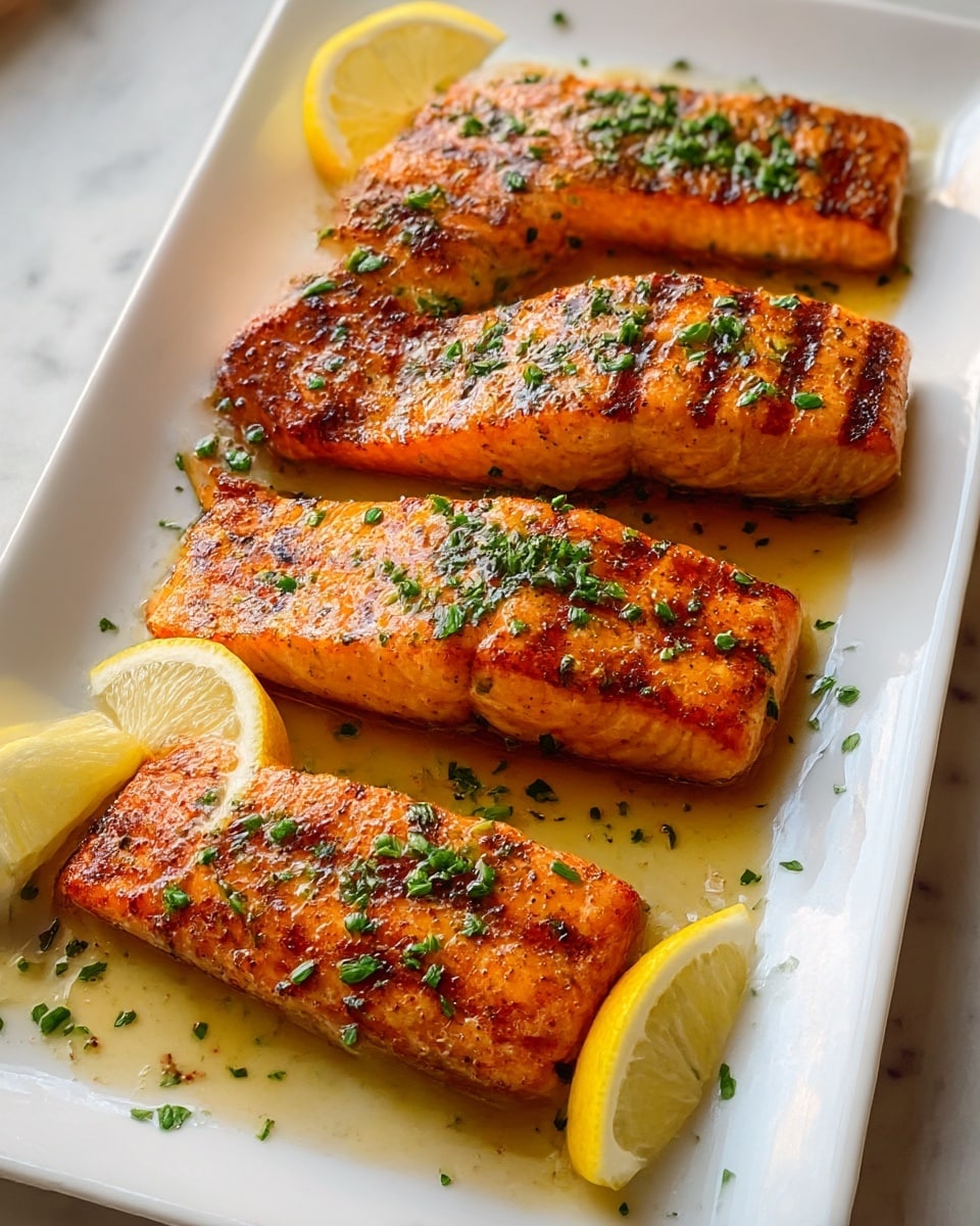Four grilled salmon fillets with a golden-brown crispy crust and visible char marks are arranged on a white plate. Each fillet is topped with finely chopped green herbs and glistening with a light coating of oil or butter. Between the fillets are four lemon wedges, adding a bright yellow contrast. The plate sits on a white marbled textured surface. The overall look is warm, juicy, and fresh. photo taken with an iphone --ar 4:5 --v 7