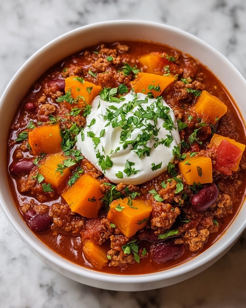 A black bowl filled with rich chili consisting of bright orange sweet potato chunks and dark black beans in a thick reddish-brown sauce, sprinkled with small green herb bits across the top. In the center sits a generous dollop of smooth white sour cream next to a cluster of small, pale green diced avocado pieces. The bowl is placed on a white marbled surface with slices of lime partially visible in the blurred background. photo taken with an iphone --ar 4:5 --v 7
