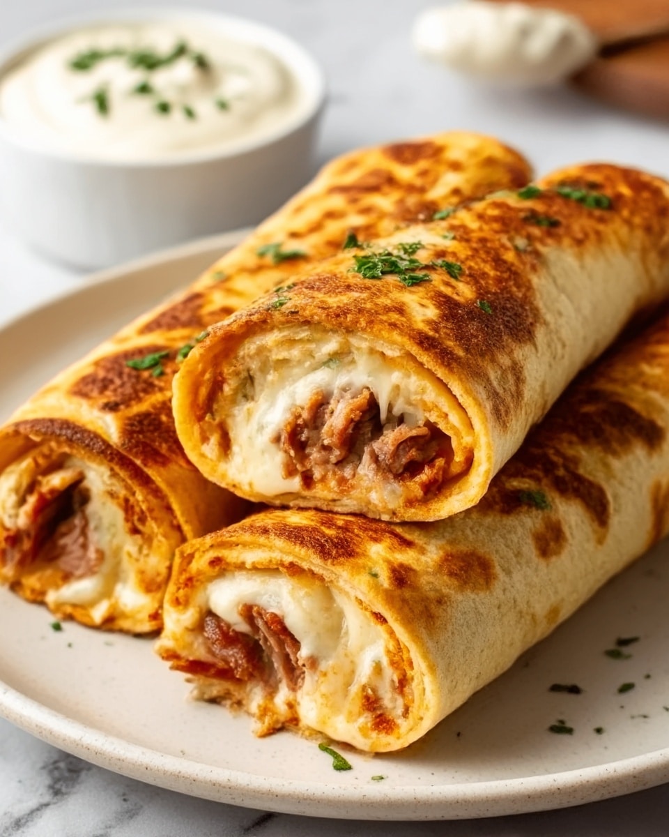 The image shows three rolled tortillas placed closely together on a white plate. The tortillas have a golden-brown toasted look with some crisp spots. Inside each roll, layers of melted cheese, red sauce, and small pieces of cooked meat are visible. The rolls are topped with chopped green herbs. In the background, there is a small white bowl filled with a white creamy sauce, sitting on a white marbled surface. Photo taken with an iphone --ar 4:5 --v 7