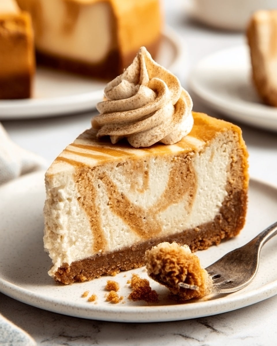 A slice of cheesecake sits on a white plate with a white marbled texture surface. The cheesecake has a thick, brown crust at the bottom, followed by a creamy beige cheesecake layer with swirls of light brown pumpkin or caramel sauce on top. A swirl of light brown whipped cream with a slightly darker tint is placed on the top center. Crumbs are scattered around the plate near the slice. A fork with a bite of cheesecake rests on the right side of the plate, and the background shows blurred cake slices on white plates. photo taken with an iphone --ar 4:5 --v 7