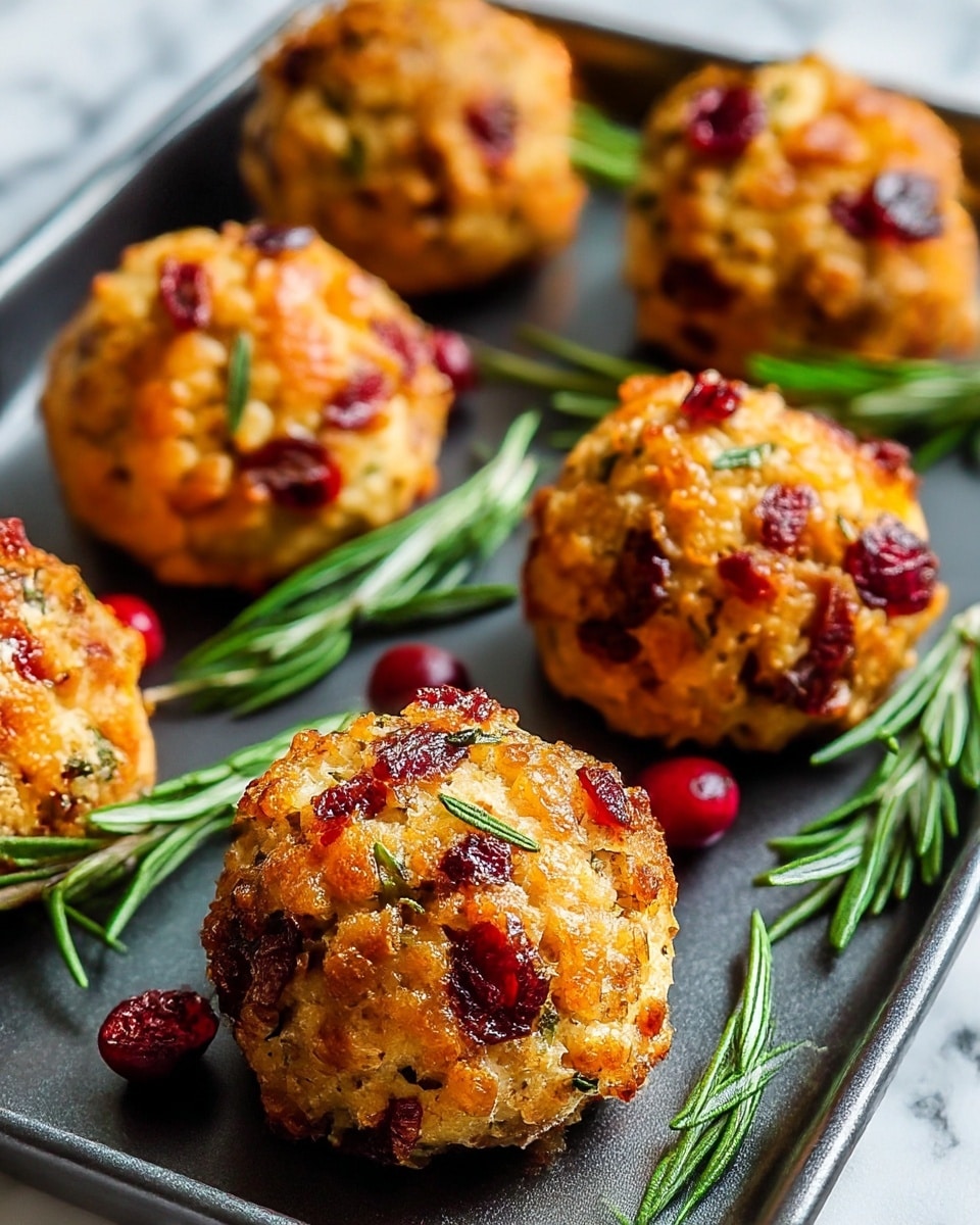 The image shows six small round balls of a golden-brown crispy dish placed on a dark tray. Each ball has a rough texture with visible bits of red cranberries and green herbs, giving a speckled look. The top parts are slightly browned and crunchy, with sprigs of fresh green rosemary scattered on and around them. The tray is set on a white marbled surface with extra rosemary sprigs for decoration. photo taken with an iphone --ar 4:5 --v 7