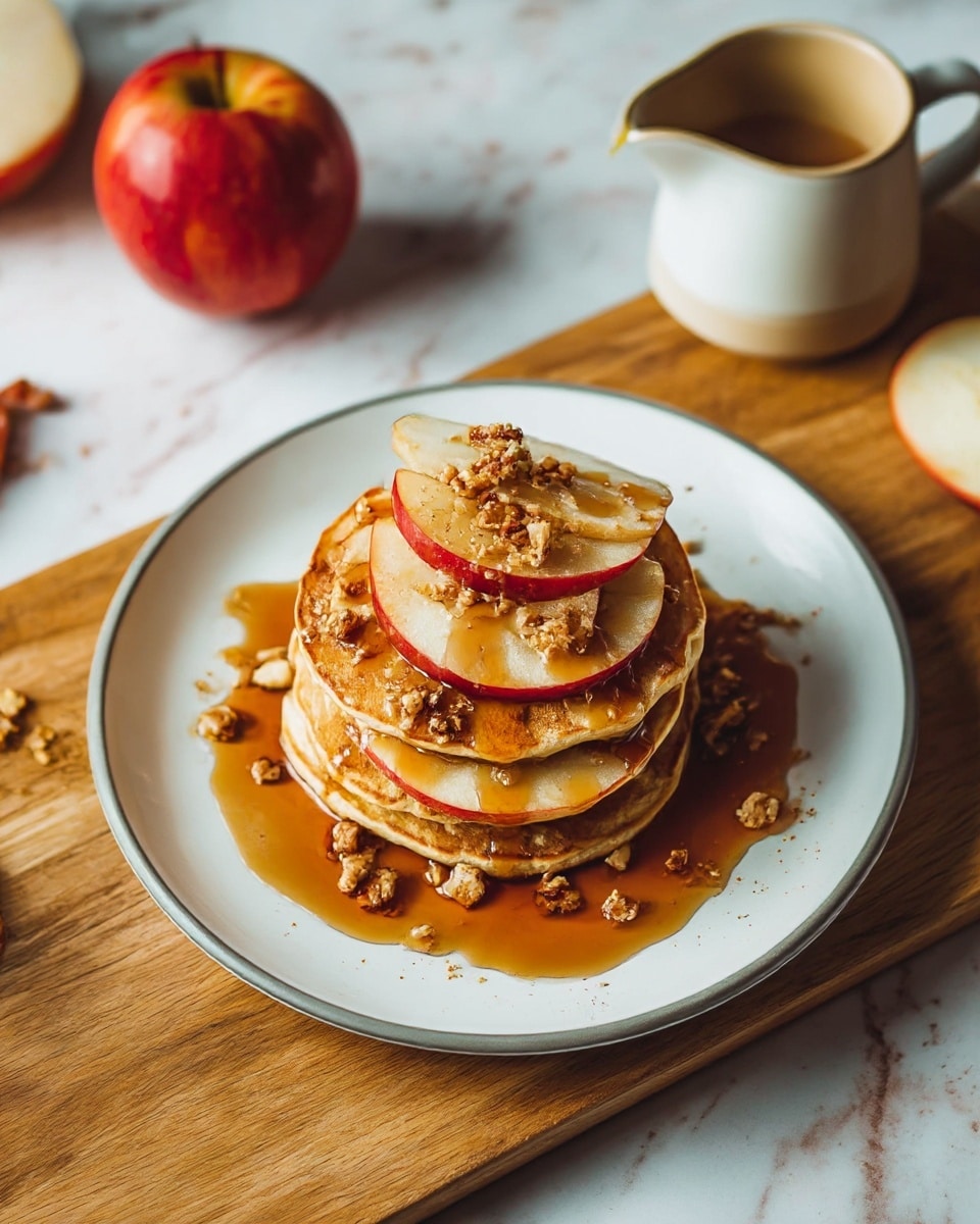 A stack of three golden-brown pancakes sits in the center of a white plate with a thin gray rim, layered with thin, round slices of red-skinned apple between each pancake. The top pancake is adorned with more apple slices, a generous drizzle of amber syrup, and sprinkled bits of crunchy granola. The syrup pools slightly around the base of the pancake stack, adding a glossy effect. The plate rests on a wooden cutting board placed over a white marbled surface, with a red apple, a small white pitcher of syrup, and a beige cup of coffee nearby. photo taken with an iphone --ar 4:5 --v 7