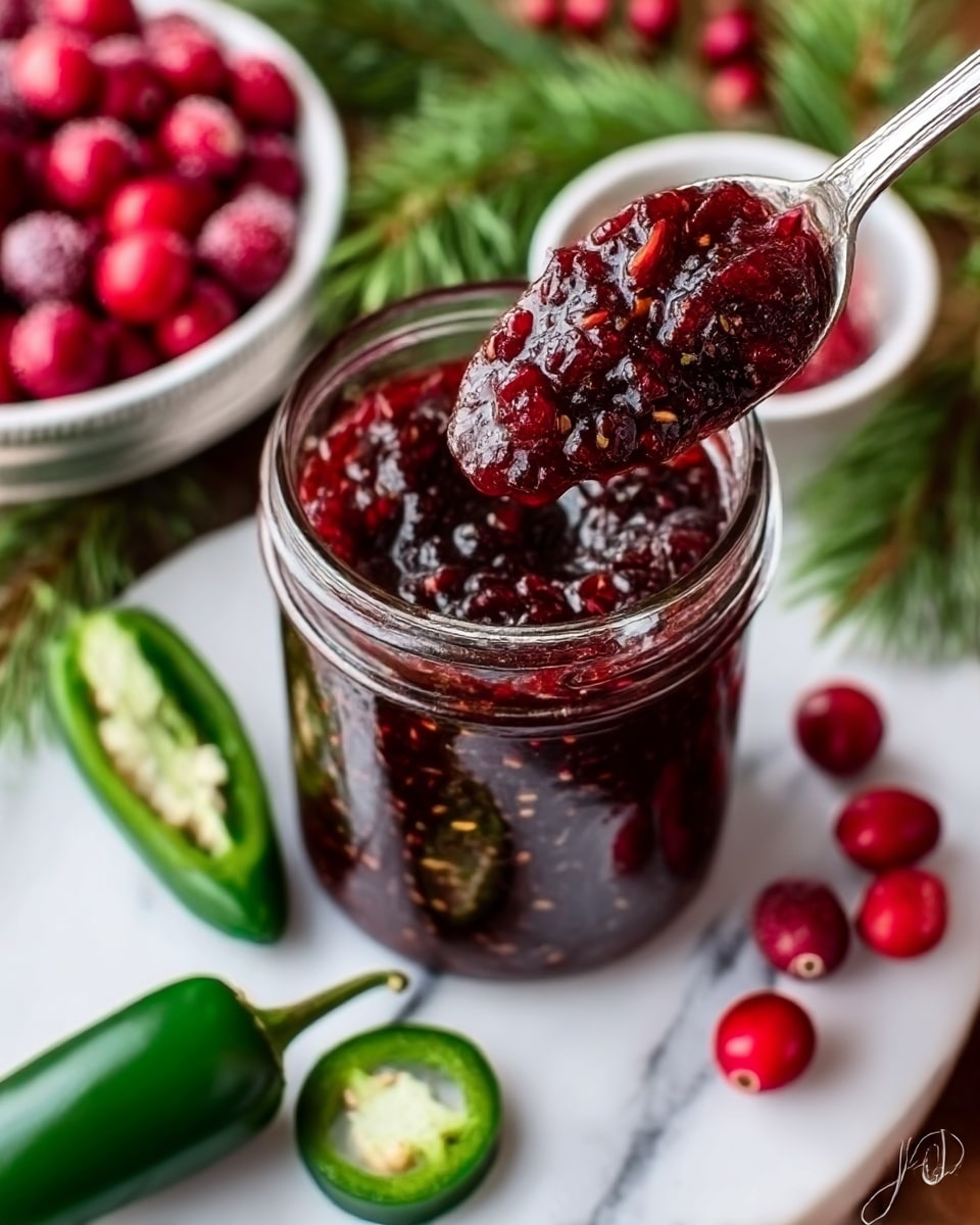 The image shows a glass jar full of dark red, chunky jam with visible bits of fruit and seeds, sitting on a white marbled surface. A silver spoon is dipped into the jar, holding a generous scoop of the thick jam above it. To the left of the jar, there is a whole green jalapeño pepper and a few slices of the pepper placed on the surface. Behind the jar, a small white bowl filled with bright red frozen cranberries is visible. There are also some green pine leaves arranged in the background, adding a fresh touch. The scene looks cozy and vibrant, highlighting the rich texture and color of the jam. Photo taken with an iphone --ar 4:5 --v 7