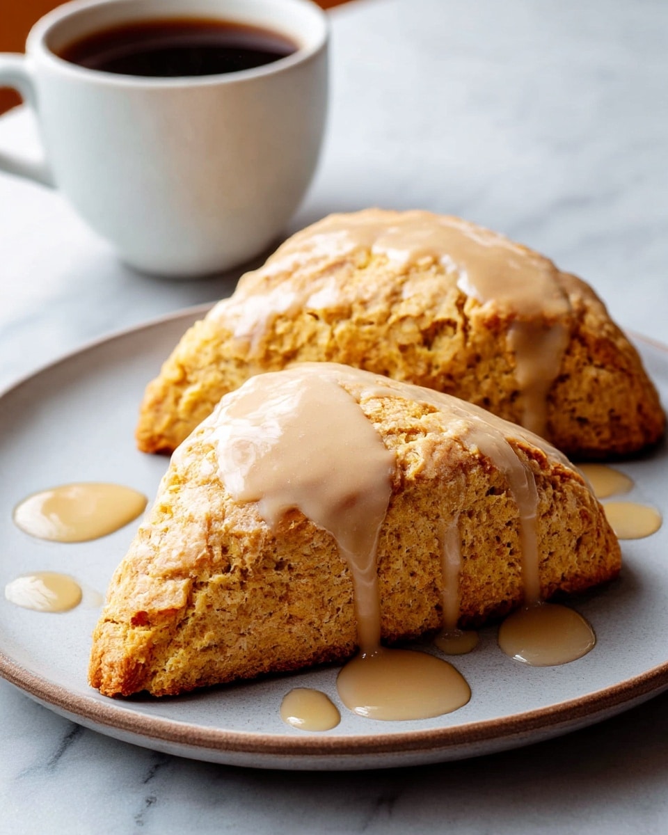 Two thick triangular scones with a rough, crumbly texture and a warm golden-brown color sit side by side on a white plate, each topped with a smooth, light beige glaze that drips down the sides onto the plate, creating small pools. The scones have visible cracks and a slightly crisp outer layer. The background shows a white cup with dark coffee, and the whole scene is set on a white marbled texture. photo taken with an iphone --ar 4:5 --v 7