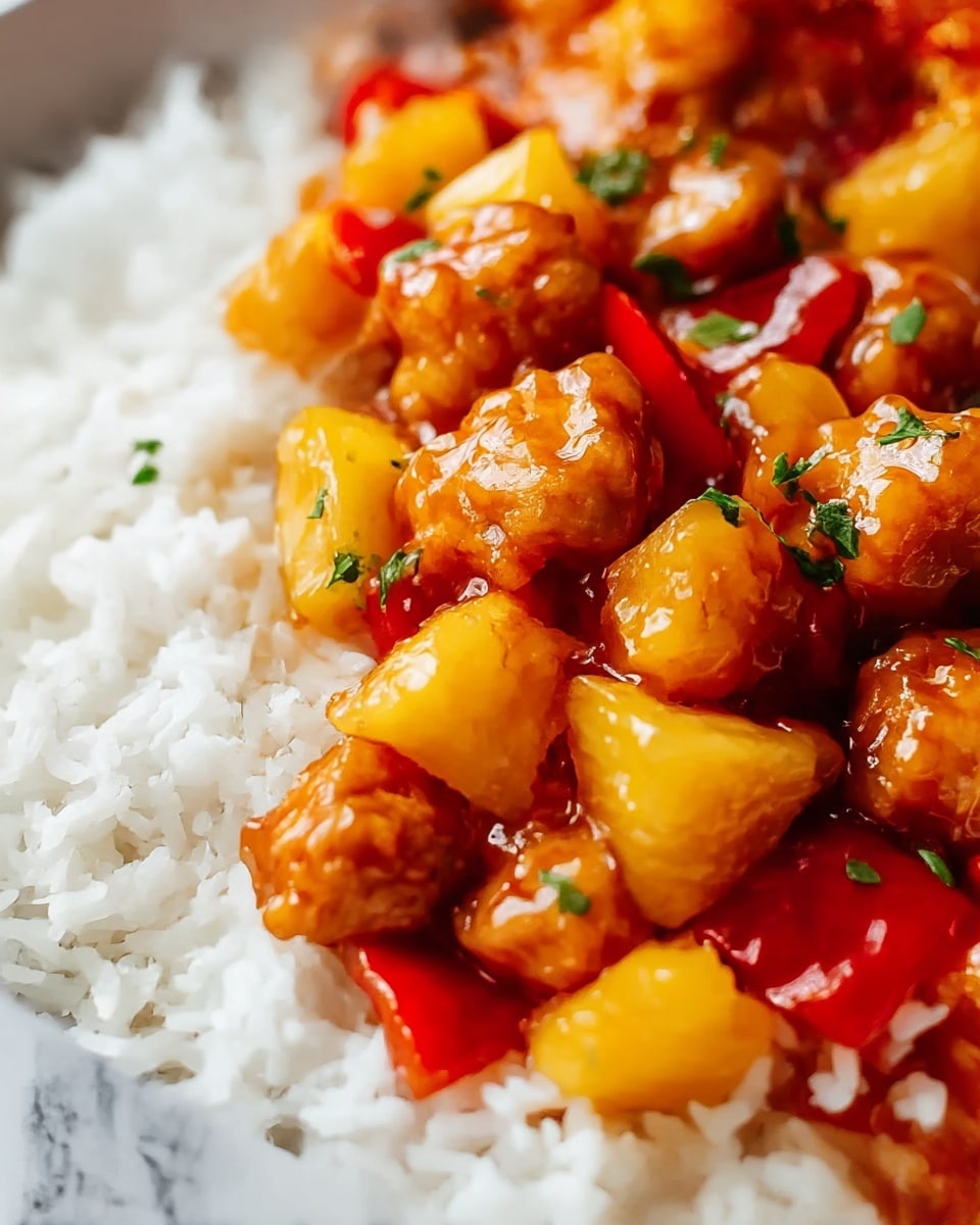 The image shows a close-up of a dish with three layers. The bottom layer is a bed of fluffy white rice with soft, individual grains visible. On top of this is a mix of golden brown fried chicken pieces, small yellow pineapple chunks, and bright red bell pepper pieces, all coated in a shiny, thick sweet and sour sauce that gives a glossy texture. Small bits of green herbs are scattered lightly over the dish, adding a fresh touch to the colorful mix. The background is a white marbled texture. photo taken with an iphone --ar 4:5 --v 7
