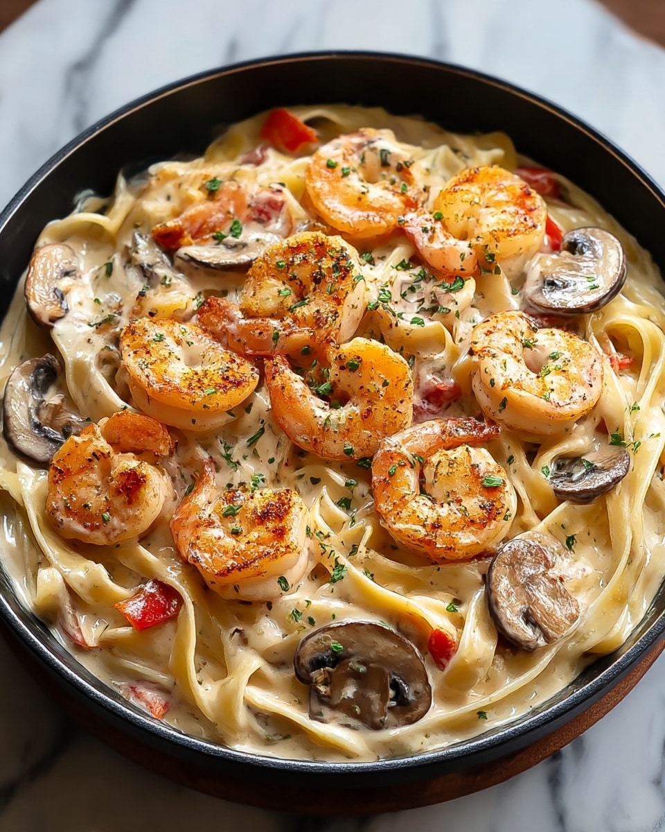 A black pan filled with creamy pasta at the bottom, made of smooth and light yellow fettuccine noodles, covered with a thick creamy white sauce. On top, there are cooked shrimp with an orange-pink color and slight grill marks, arranged evenly across the pasta. There are also slices of cooked brown mushrooms and small pieces of red bell pepper scattered around. The dish is sprinkled with finely chopped green herbs for a fresh look. The background is a white marbled texture. Photo taken with an iphone --ar 4:5 --v 7