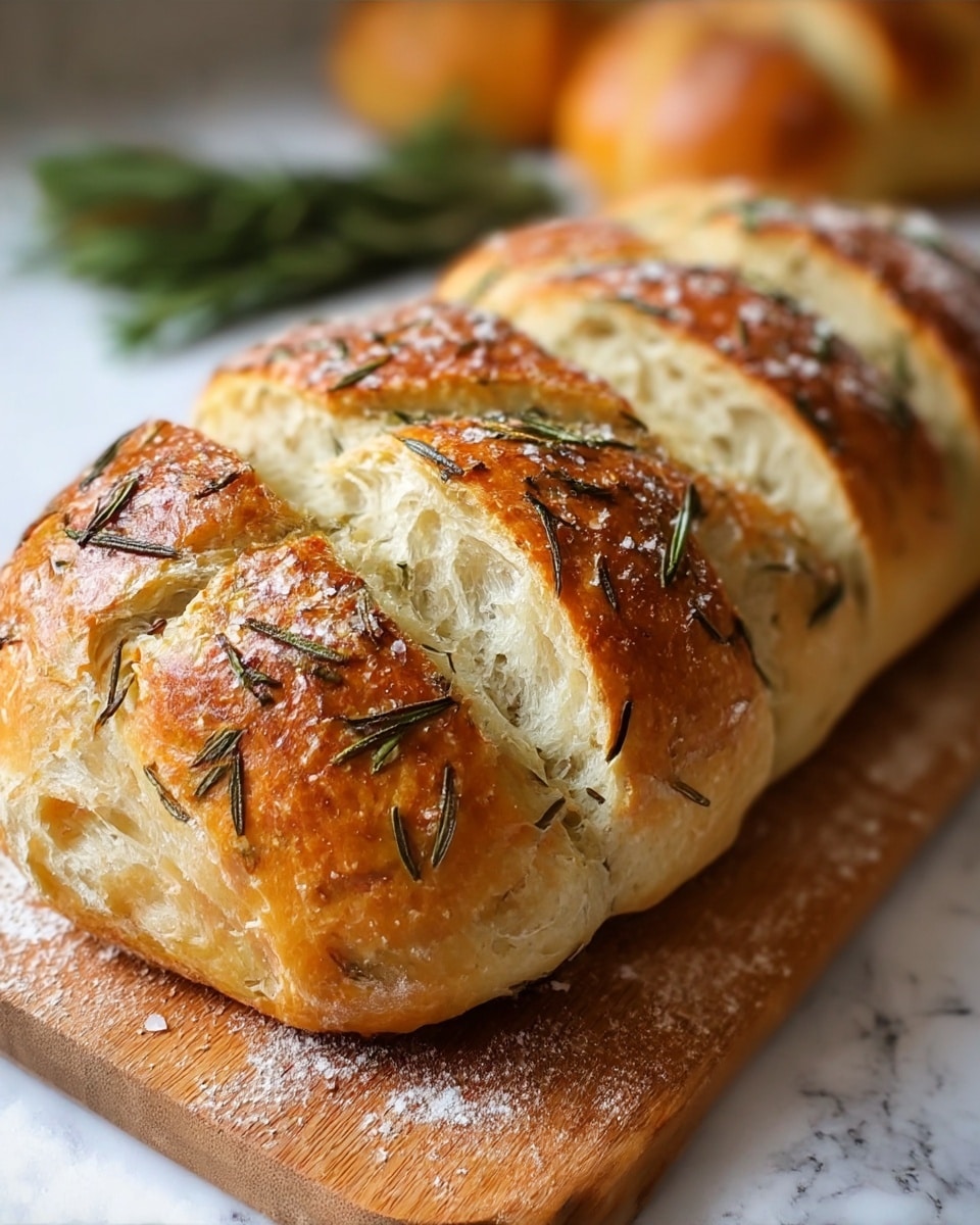 A close-up view of a freshly baked loaf of bread with a golden brown crust, topped with small pieces of melted cheese and small dark green rosemary leaves scattered across the surface. The bread is sliced partially through multiple times, revealing a soft and airy white inside. The crust appears shiny, with some areas slightly crisply textured. The loaf rests on a wooden board with a few flour specks around. In the background, blurred green rosemary leaves add to the fresh feeling. The whole scene is set against a white marbled texture surface. photo taken with an iphone --ar 4:5 --v 7