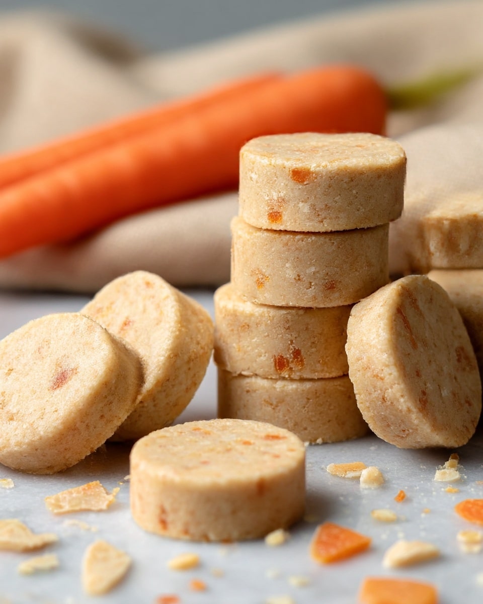 The image shows a close-up of small round pieces of a beige biscuit-like food with tiny orange and light brown specks inside, arranged in a somewhat stacked pile on a white marbled surface. There are loose crumbs and small broken slices scattered around the main stack, adding a textured look. In the background, two whole bright orange carrots rest slightly blurred, lying on a beige cloth, enhancing the natural and homemade feel of the scene. The biscuits have a rough but moist texture and are uniform in shape and size. photo taken with an iphone --ar 4:5 --v 7