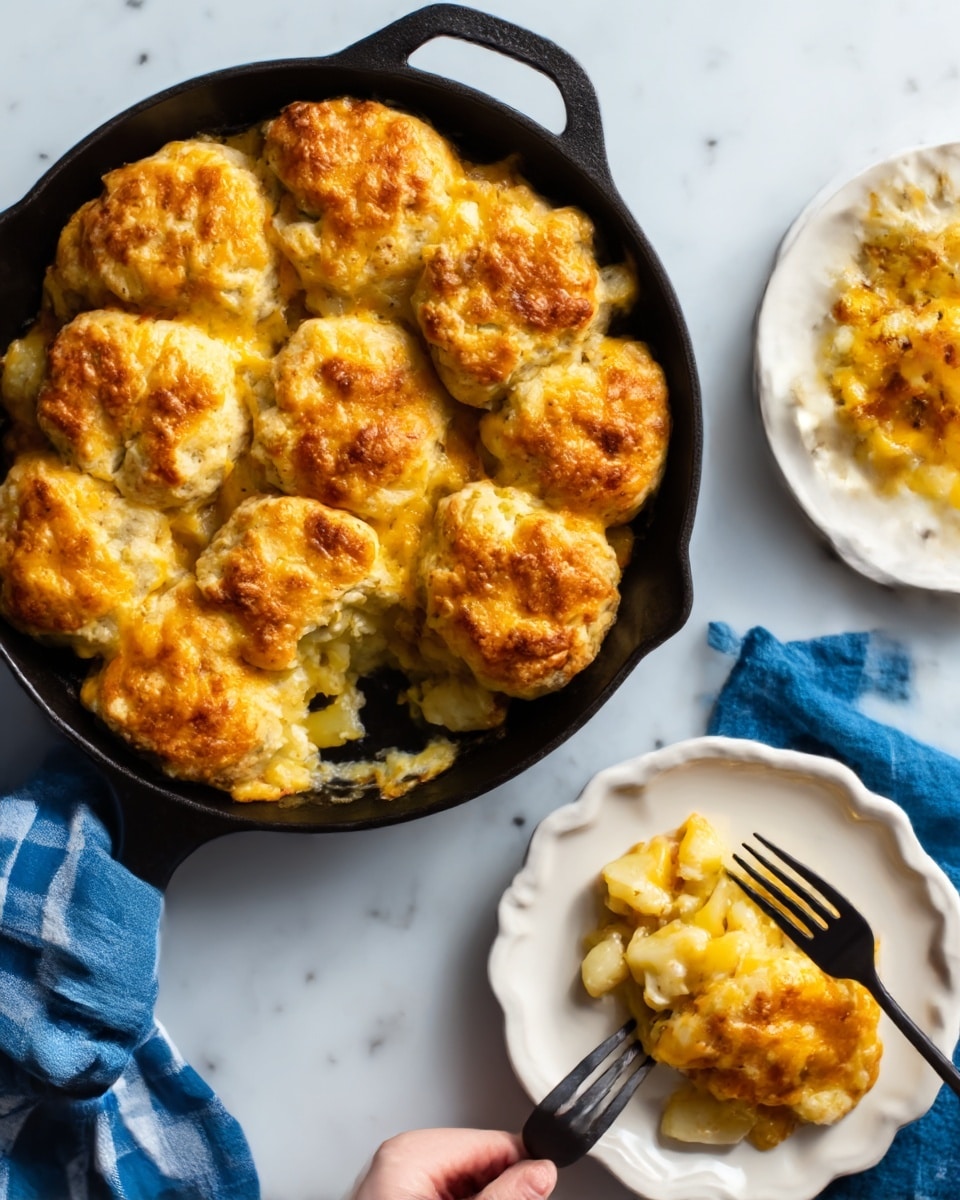 A white cast iron skillet filled with six large golden brown baked cheese and potato patties, with crispy edges and a textured melted cheese topping. Two white plates with scalloped edges hold portions of the patties, showing soft, slightly chunky potato inside covered with gooey melted cheese. A woman's hand is using a dark fork to take a piece from one plate. The whole setup rests on a white marbled surface with a blue and white checkered cloth partly visible. photo taken with an iphone --ar 4:5 --v 7