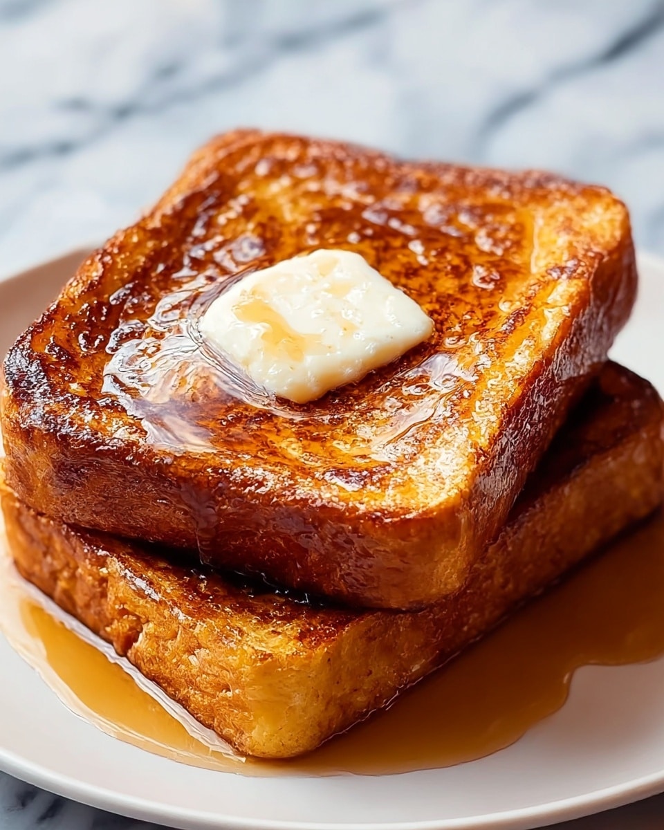 Two thick slices of golden brown French toast stacked on a white plate, the top slice topped with a dollop of melting butter with small specks and covered in shiny syrup that drips down the sides onto the plate. The French toast has a slightly crispy, caramelized surface with a soft, fluffy texture visible at the edges. The background is a white marbled texture. photo taken with an iphone --ar 4:5 --v 7