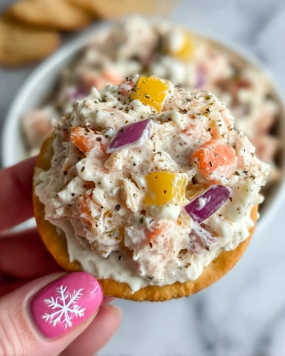 A close-up of a white cracker topped with a creamy salad that has visible pieces of orange carrot, purple onion, yellow pepper, and white chunks of cottage cheese or similar. The salad looks mixed with a soft white dressing and sprinkled with black pepper. The cracker is held by a woman's hand with pink nail polish that has white snowflake designs. In the background, there is a white bowl full of the same salad on a white marbled surface. Photo taken with an iphone --ar 4:5 --v 7