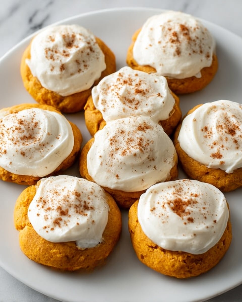 The image shows seven soft pumpkin-colored cookies arranged on a large white plate. Each cookie has one thick layer of white frosting spread smoothly on top, with small swirls and ridges visible in the creamy texture. Light brown cinnamon or spice powder is sprinkled evenly over the frosting, creating a speckled pattern. The plate sits on a white marbled surface, giving a clean and bright look to the scene. The cookies are round and slightly uneven in shape, showing a chewy, moist texture beneath the frosting. photo taken with an iphone --ar 4:5 --v 7