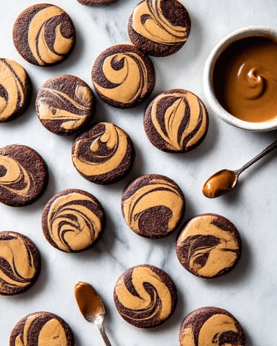 The image shows many round, swirled cookies with a dark brown and caramel tan pattern on a white marbled surface. The cookies have a smooth texture with the caramel part forming abstract, curved shapes on top of the darker chocolate base. Among the cookies, there is a small spoon with some caramel spread on it. On the right side, there is a white bowl filled with a thick caramel sauce. The cookies are placed randomly, creating a casual and inviting scene. Photo taken with an iphone --ar 4:5 --v 7
