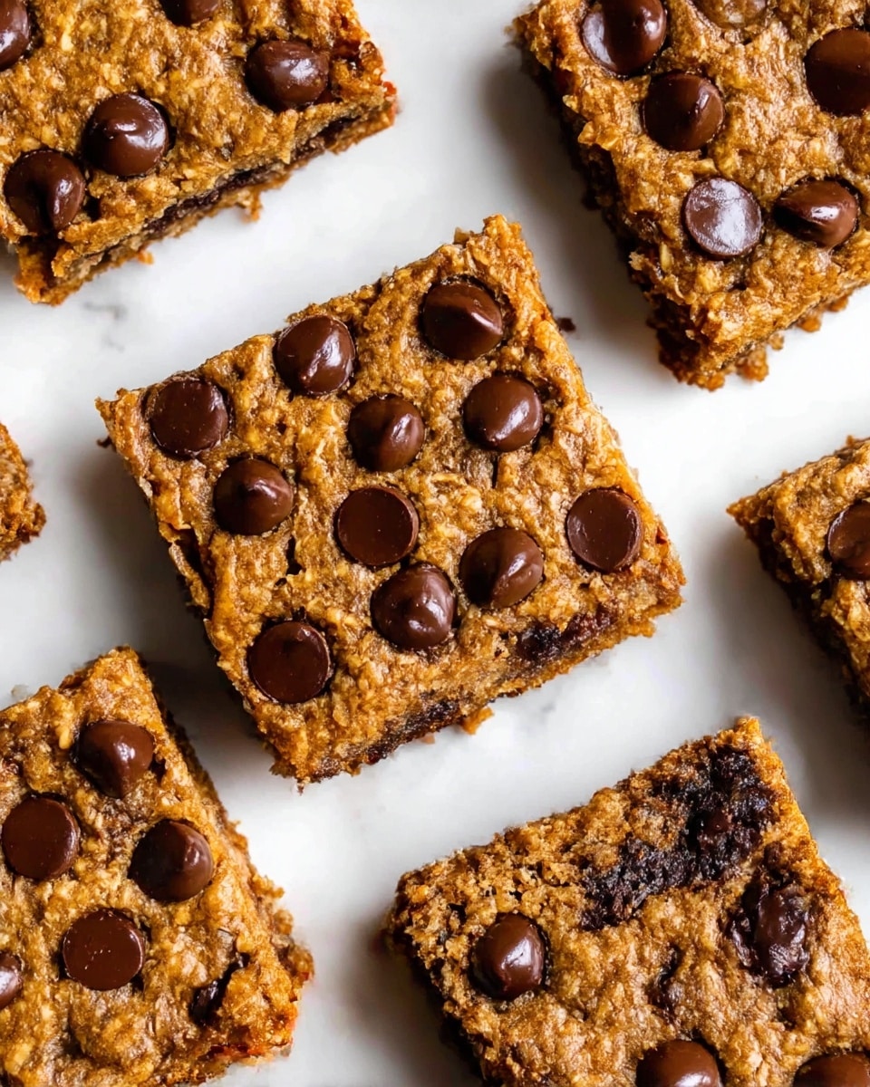 The image shows several square-shaped bars with a golden brown, textured top layer filled with large, glossy dark brown chocolate chips scattered unevenly across each piece. The bars appear dense with a slightly crumbly texture, revealing a darker, moist inner layer dotted with chocolate chunks. They are placed on a white marbled surface, spaced apart evenly so the sides of each square are clearly visible, highlighting their thickness and chunky texture. photo taken with an iphone --ar 4:5 --v 7