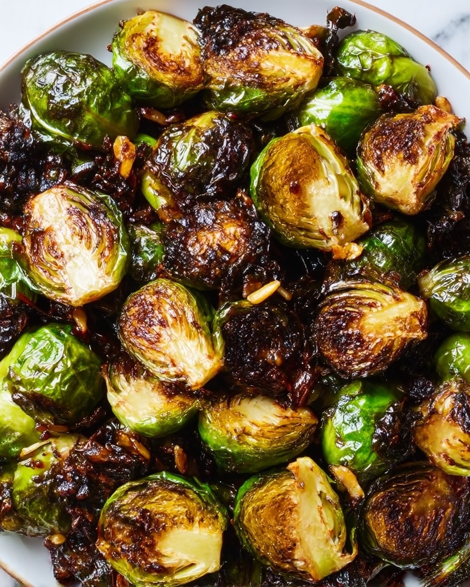 The image shows close-up roasted Brussels sprouts that are dark caramelized brown with some crispy edges and vibrant bright green parts. The Brussels sprouts are cut in halves or quarters, showing layers of tightly packed leaves inside. There are bits of golden-brown caramelization and some areas with slight charring, giving a textured and crunchy look. The Brussels sprouts are mixed with small pieces of garlic or another roasted ingredient that adds a golden color in spots throughout. The entire dish sits on a white plate placed on a white marbled surface. The photo taken with an iphone --ar 4:5 --v 7
