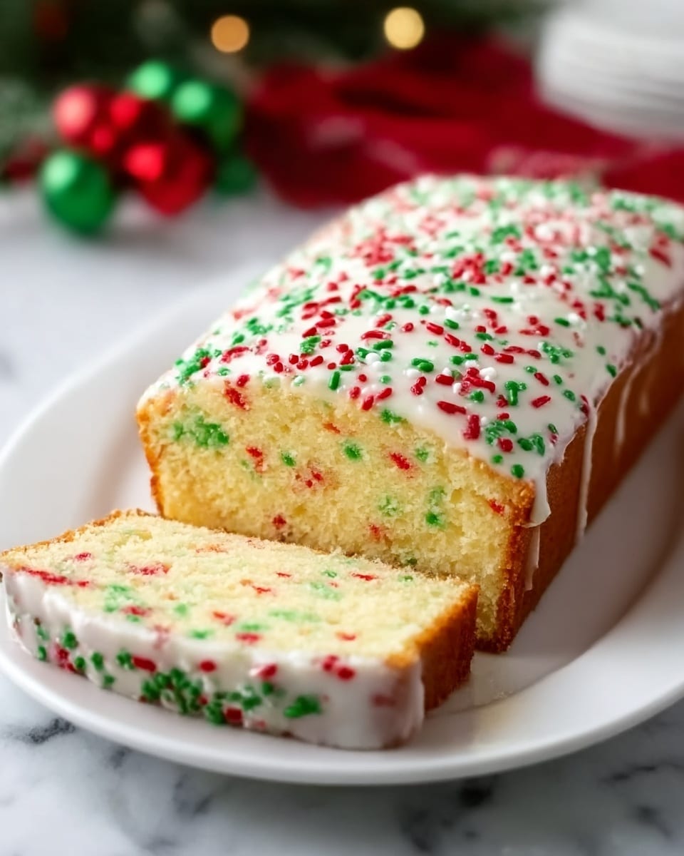 A white rectangular loaf cake sits on a white plate, topped with a smooth layer of white icing covered in red and green sprinkles spread evenly. The cake inside looks soft and light yellow with small red and green bits scattered throughout. One slice is cut and resting beside the main loaf, showing the moist texture inside. The white marbled surface beneath adds brightness to the scene. Photo taken with an iphone --ar 4:5 --v 7