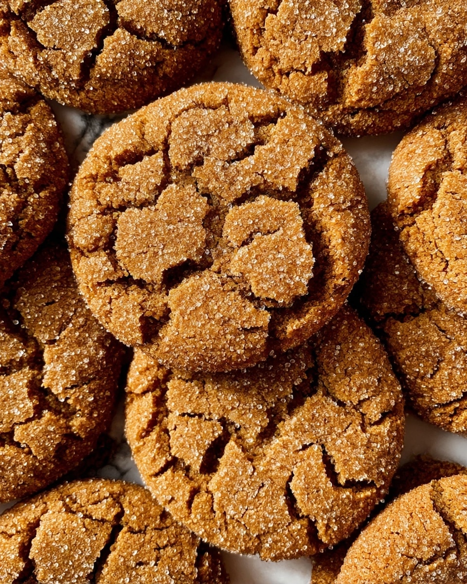 A close-up view of several cracked ginger cookies stacked tightly together shows their rough and coarse texture with visible sugar crystals sparkling on the surface; each cookie is round, medium brown with uneven cracks and a slightly crunchy look, filling the entire frame on a white marbled texture. photo taken with an iphone --ar 4:5 --v 7