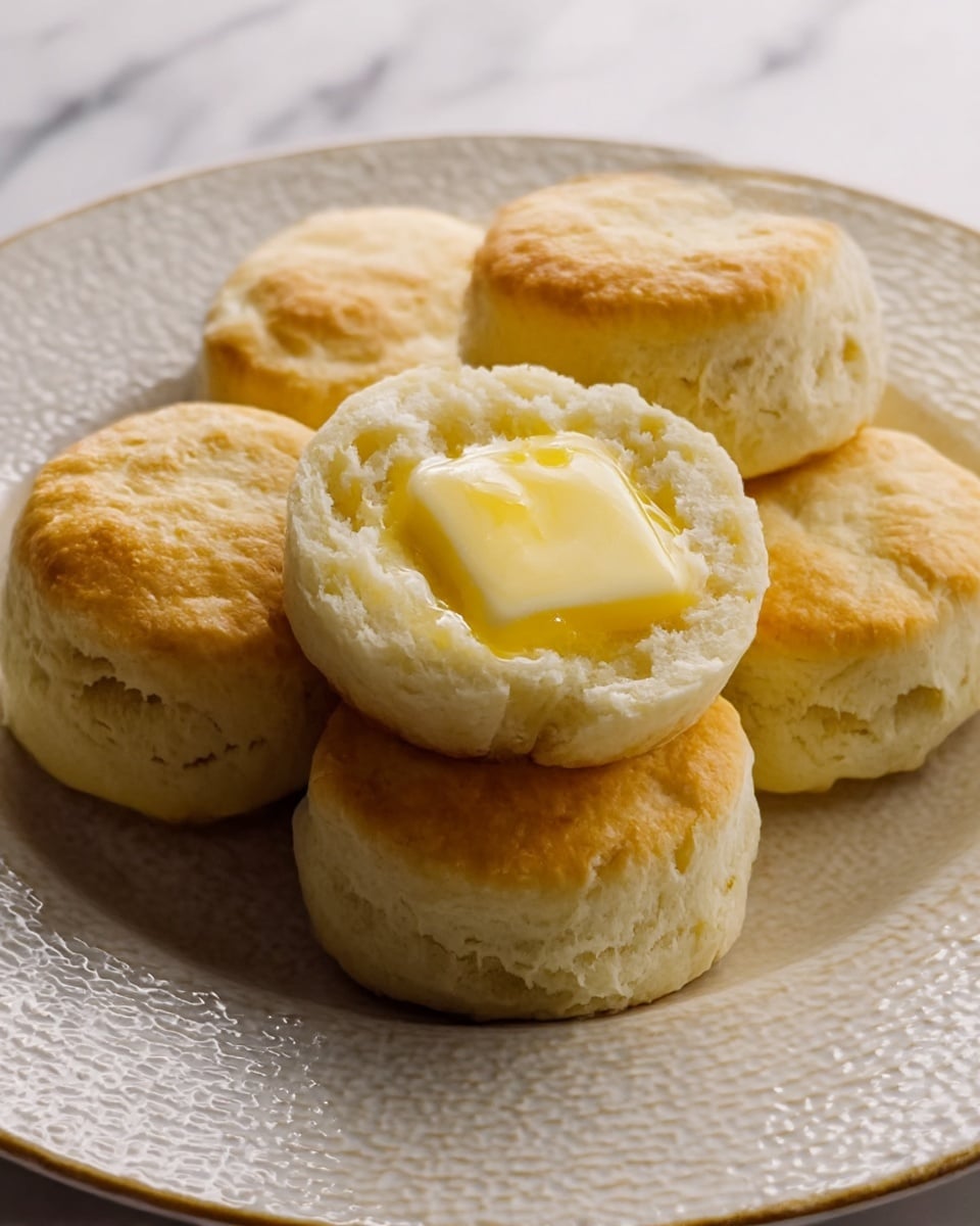 Five round biscuits with a light golden brown top and a soft, crumbly texture are arranged closely together on a white plate with a decorative edge. One biscuit is broken open and placed on top, showing its fluffy inside and melted yellow butter slowly soaking into the crumbs. The biscuits have a slightly uneven surface, indicating a homemade quality. The setting includes a white marbled texture background. photo taken with an iphone --ar 4:5 --v 7