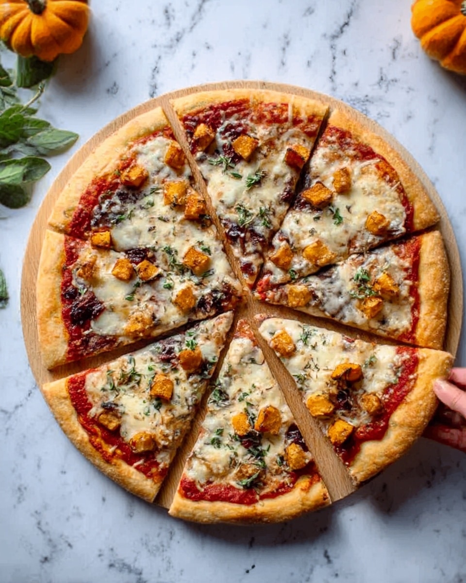 A round pizza cut into eight slices sits on a wooden board, showing a light golden crust. The first layer is a bright red tomato sauce covering the base evenly. On top, there is a layer of melted white cheese spread with some bubbles and light browning. Scattered over the cheese are small cubes of orange roasted pumpkin, with some char marks. There is a sprinkling of green herbs all over the pizza, with uneven textures adding contrast. One slice is slightly pulled out, with a woman's hand lifting it gently from the board. The background is a white marbled surface with some out-of-focus green leaves and a small orange pumpkin visible. Photo taken with an iphone --ar 4:5 --v 7