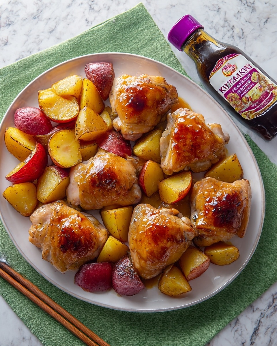 A white plate with five pieces of golden-brown roasted chicken thighs arranged in the center, each piece showing a shiny, slightly caramelized skin. Around the chicken, there are multiple thick slices of roasted potatoes in yellow, purple, and red colors, with a slightly crisp texture on the edges. The dish sits on a light green woven placemat on a white marbled surface. To the right of the plate, there is a clear bottle of Kikkoman Roasted Garlic Teriyaki marinade and sauce with a purple cap and colorful label. photo taken with an iphone --ar 4:5 --v 7