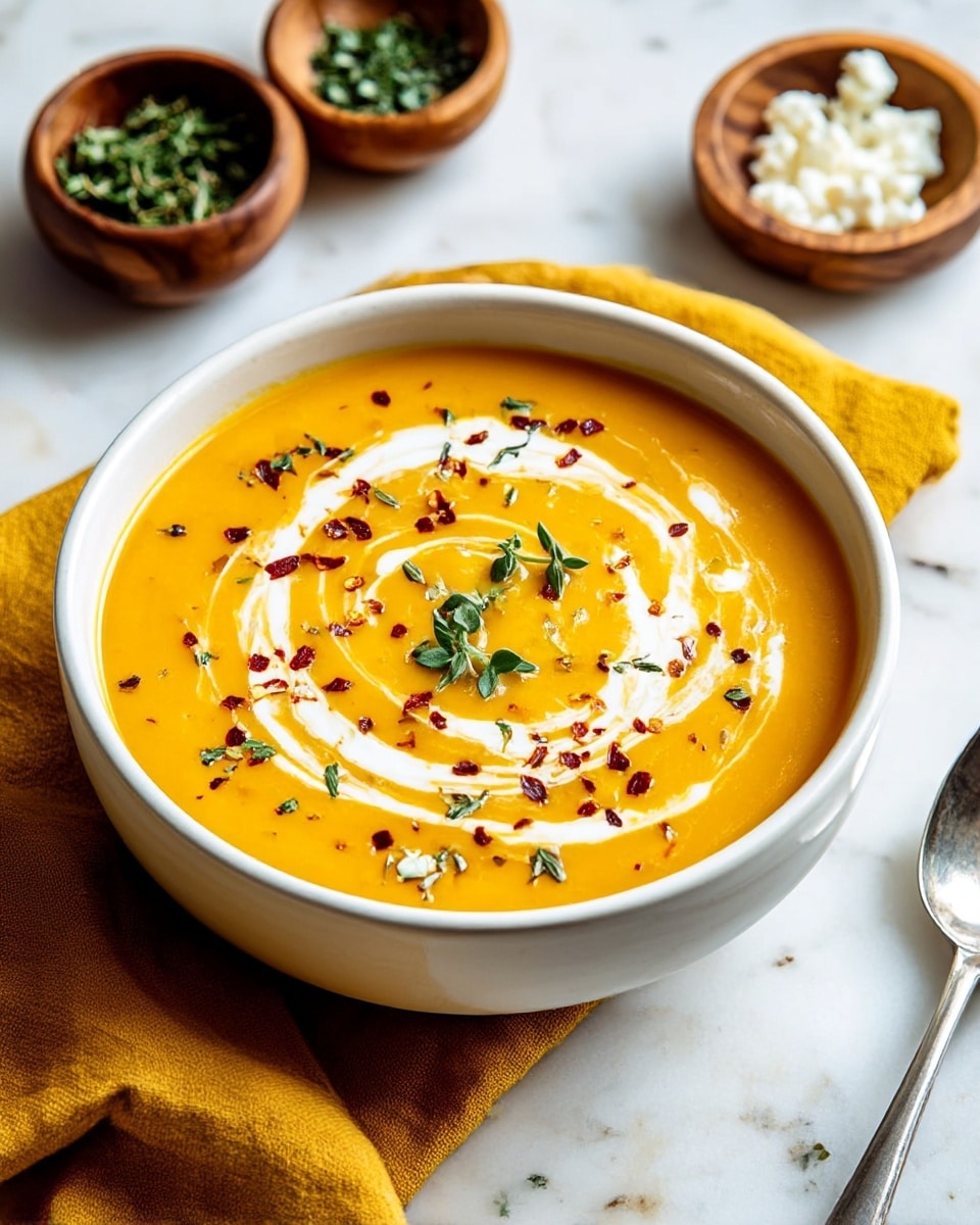 A white bowl filled with smooth, bright orange soup forms the base layer, topped with a swirl of white cream creating a soft spiral pattern on the surface. Scattered red chili flakes and small green herb leaves are sprinkled over the cream swirl, with two small green herb sprigs placed in the center as a garnish. The bowl rests on a mustard yellow cloth on a white marbled surface. In the background, two small wooden bowls hold chopped herbs and white creamy cheese. A silver spoon is placed to the right of the bowl. Photo taken with an iphone --ar 4:5 --v 7