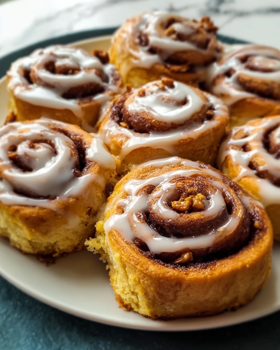 A blue plate filled with eight cinnamon rolls, each roll showing multiple golden-brown spiral layers with a soft and fluffy texture. The cinnamon rolls are topped with a white icing drizzle, unevenly spread in circular patterns, adding a smooth and slightly glossy contrast to the rougher bread surface. Some rolls have small bits of what look like nuts sprinkled on top, adding a crumbly texture and extra visual detail. The plate with the rolls is set on a white marbled surface, enhancing the warm colors of the rolls and making them look fresh and inviting. photo taken with an iphone --ar 4:5 --v 7