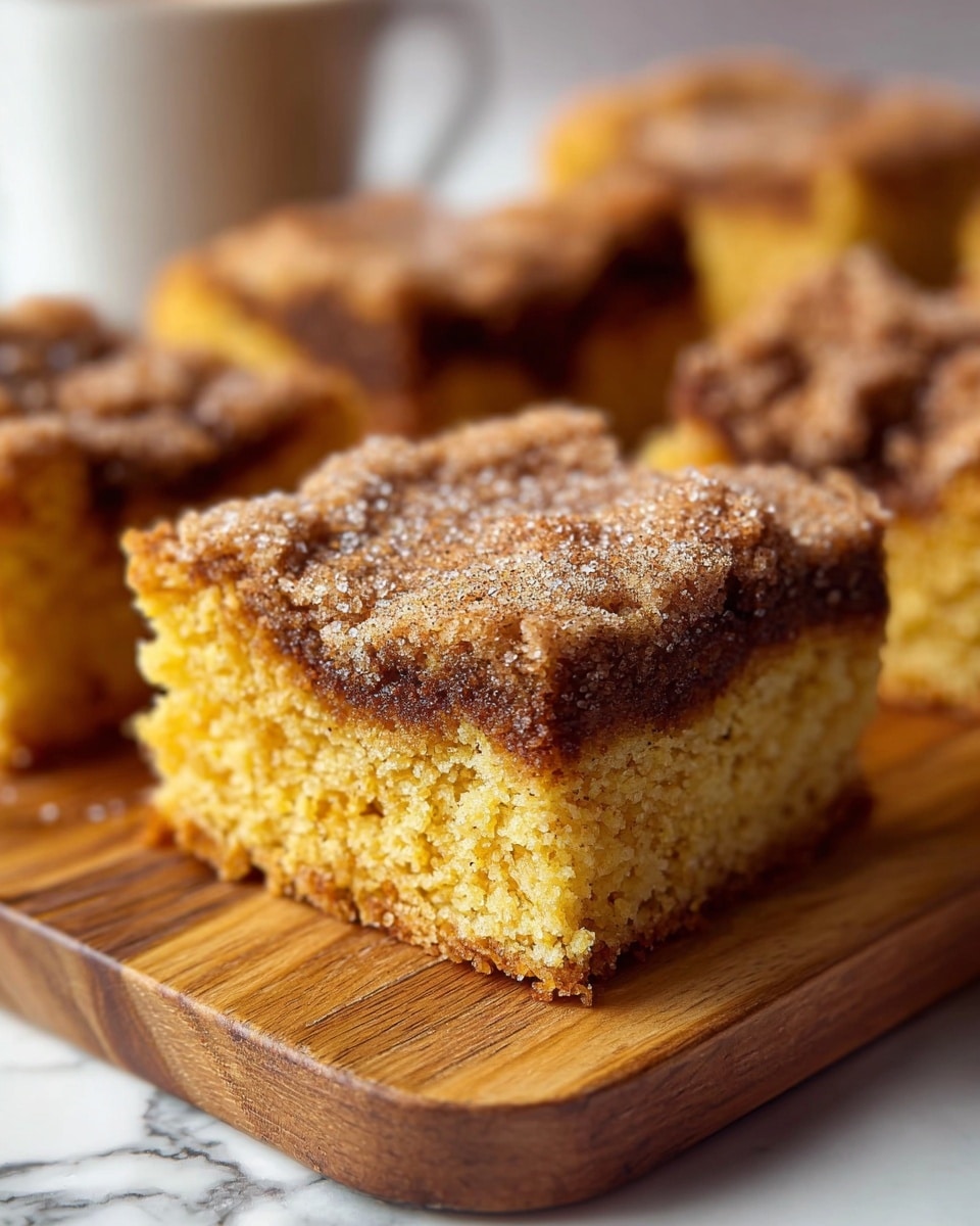 The image shows a close-up of a square slice of cake on a wooden board with several more pieces blurred in the background. The cake has two main layers: the bottom layer is a dense, moist, golden-brown crumb with a slightly coarse texture. The top layer is a darker, crumbly brown sugar and cinnamon topping that looks crunchy and sugary with a grainy texture. The cake edges are uneven with small cracks, and the topping is spread thickly, almost melting into the cake underneath. The background is a soft focus with a white marbled texture surface. photo taken with an iphone --ar 4:5 --v 7