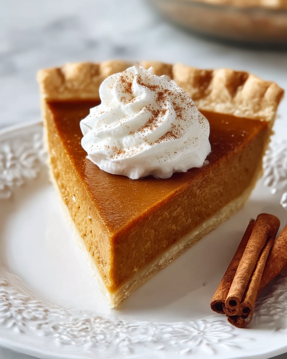 A close-up of a single triangular slice of pumpkin pie placed on a white plate with delicate embossed designs. The pie has three visible layers: a thin, light beige crust at the bottom with a slightly flaky texture, a thick, smooth orange-brown pumpkin filling making up most of the slice, and a generous dollop of white whipped cream on top, sprinkled lightly with cinnamon powder. To the right side of the slice, two cinnamon sticks rest on the white plate. The background features a soft, warm blur with a white marbled texture beneath, emphasizing a cozy, autumn atmosphere. Photo taken with an iphone --ar 4:5 --v 7