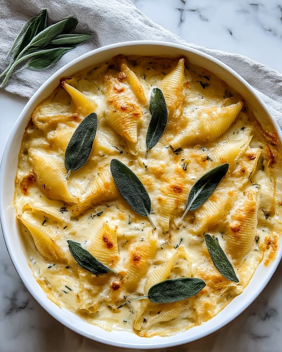 A white round baking dish holds a baked pasta shell casserole with two visible layers. The bottom layer is creamy white cheese sauce mixed with finely chopped herbs, soft and smooth in texture, spread evenly across the base. The second layer consists of large yellow pasta shells filled with cheese, baked to a golden brown on top with bubbly melted cheese, giving a slightly crispy texture. Fresh sage leaves with deep green color are placed on top, some laying flat and others slightly raised, adding contrast and decoration. The dish is set on a white marbled surface with a light gray cloth nearby. photo taken with an iphone --ar 4:5 --v 7