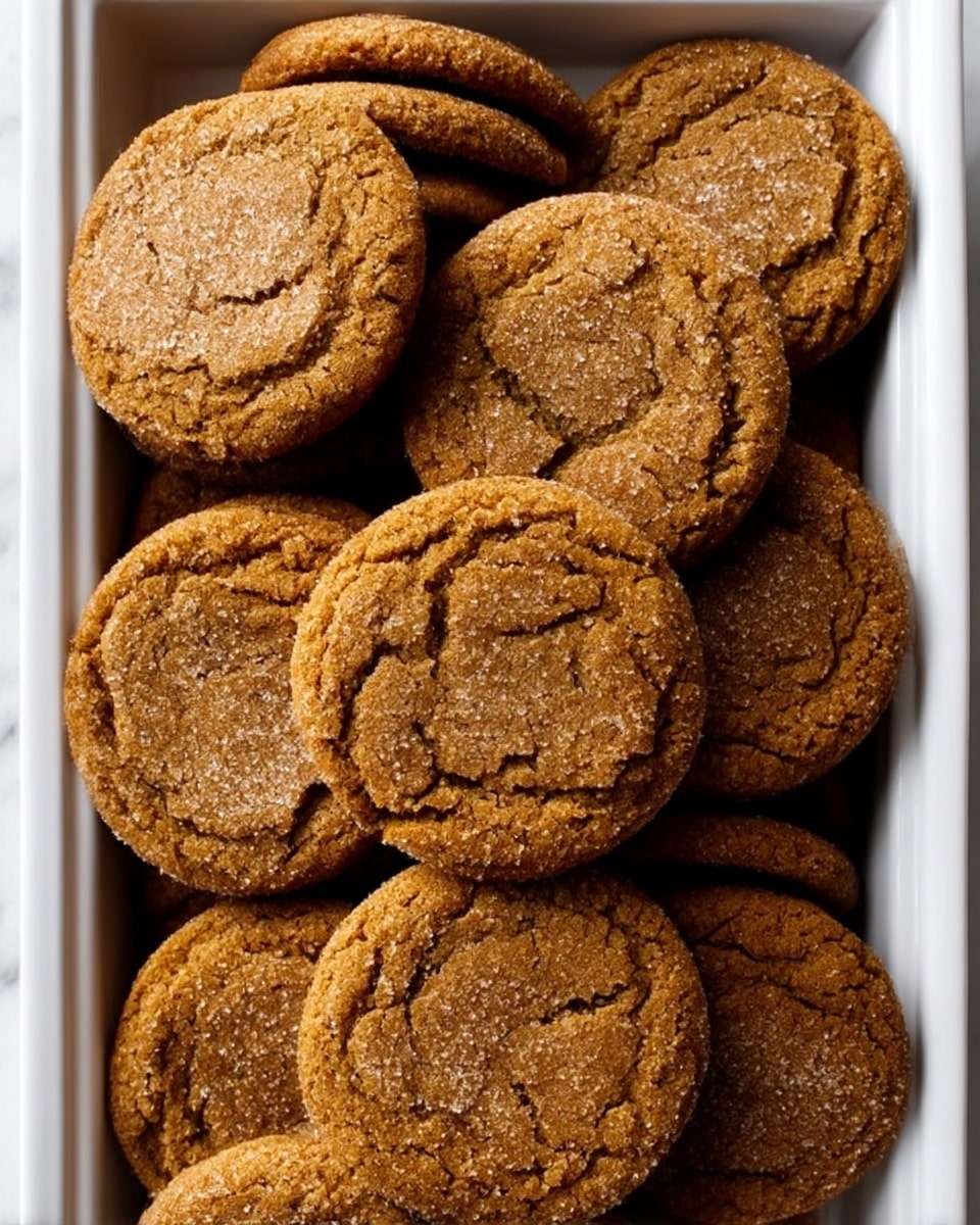 A close-up view of a white rectangular tray filled with about ten round ginger cookies, stacked and overlapping each other. The cookies have a cracked top surface with a rough texture and a light sprinkle of sugar, giving them a slightly shiny look. Their color is a warm brown with subtle variations, showing a soft, chewy inside and slightly crisp edges. The tray sits on a white marbled surface, highlighting the rich color of the cookies. photo taken with an iphone --ar 4:5 --v 7