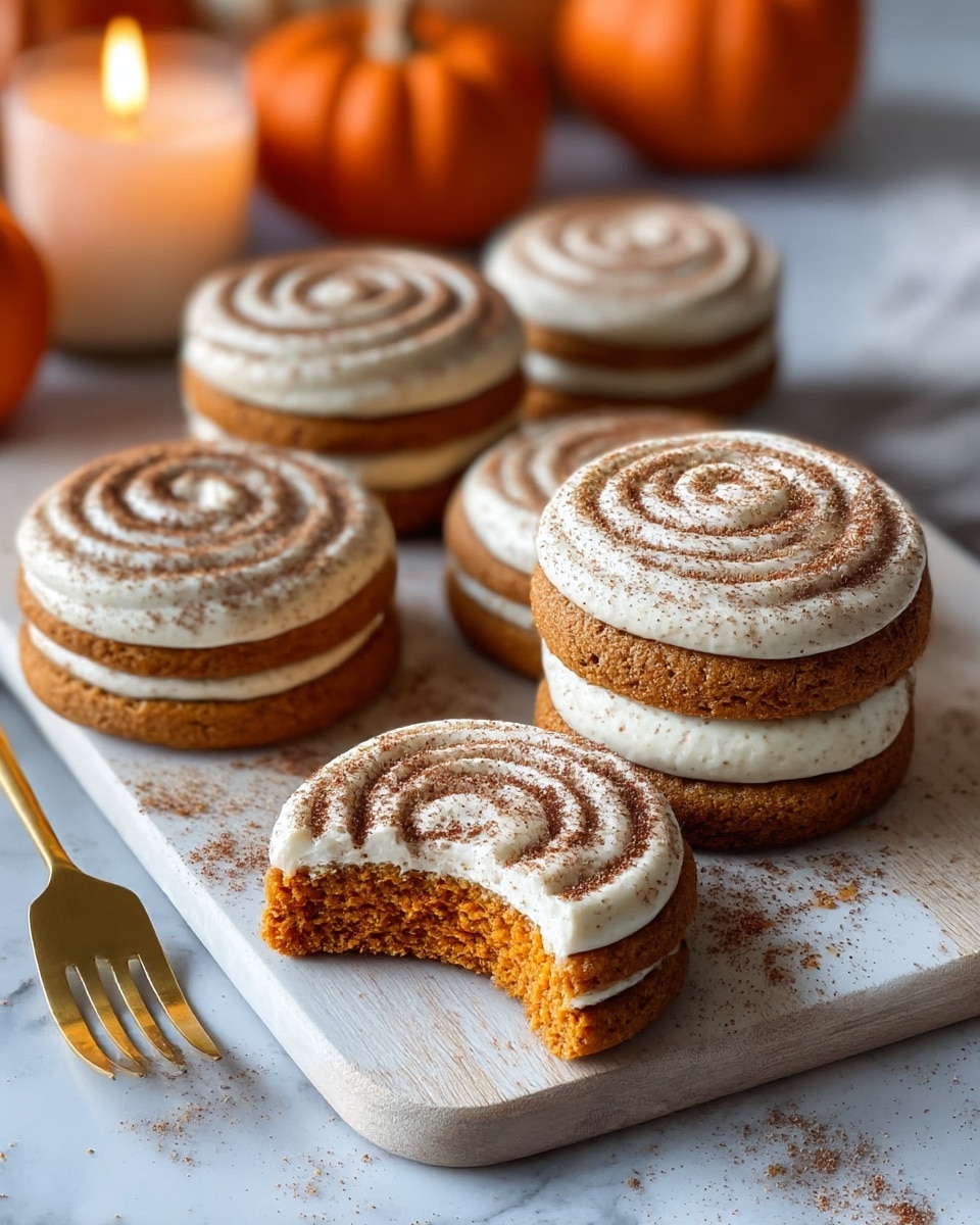 The image shows five round cookies with three of them topped with thick white cream swirled in a spiral shape and sprinkled with brown powder. Two cookies each have a single layer of cookie base with the cream on top, while one cookie in front has a bite taken out, revealing a soft orange-brown inside. Another cookie is stacked as a sandwich with two thick layers of orange-brown cookie and two layers of cream in between, also dusted with brown powder on top. They rest on a light wooden board placed on a white marbled surface with crumbs around. In the background, there are blurred pumpkins and a lit orange candle, with a gold-handled fork beside the board. photo taken with an iphone --ar 4:5 --v 7